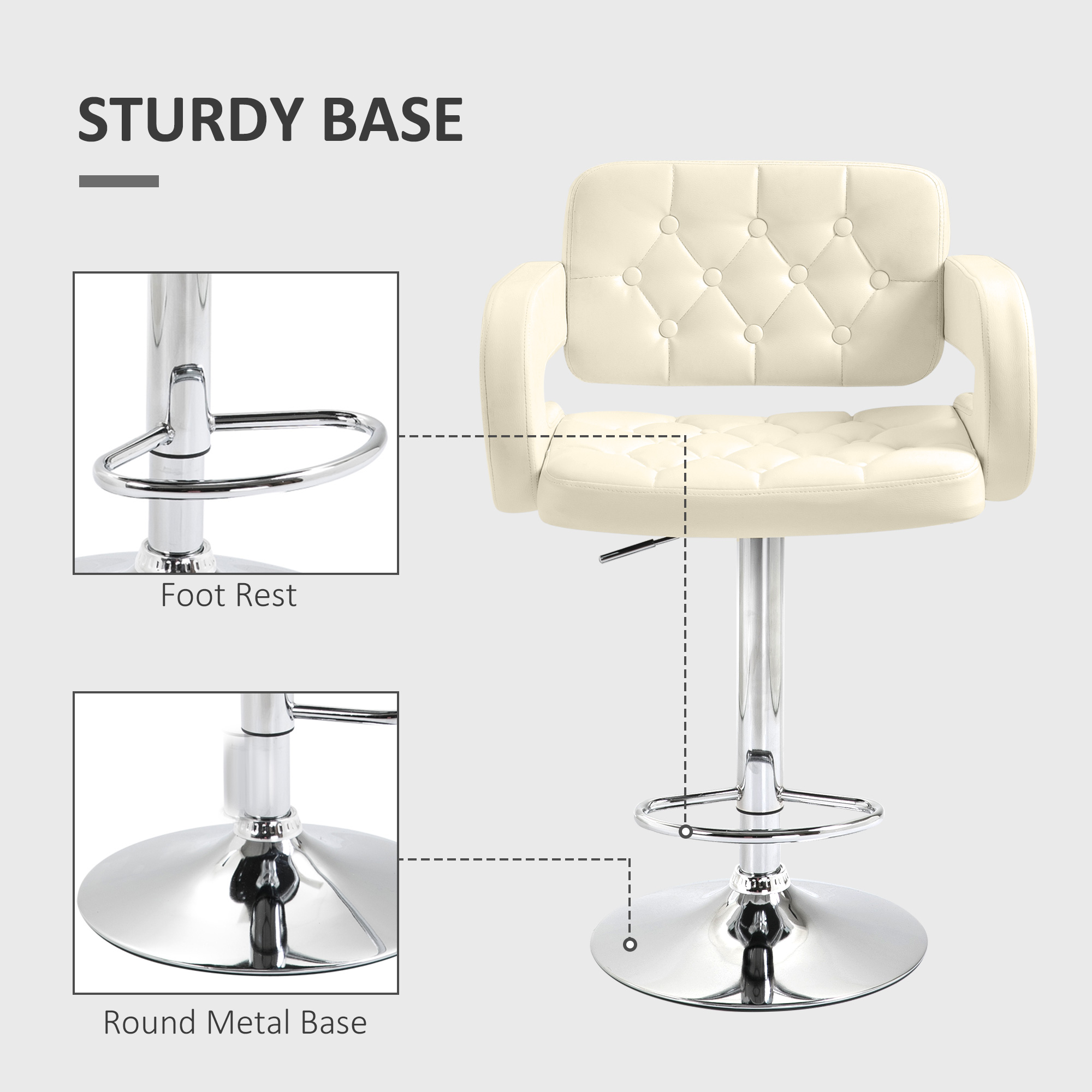 HOMCOM PU Leather Upholstered Swivel Bar Stool, Height Adjustable with Back, Armrest, Footrest, Beige 6