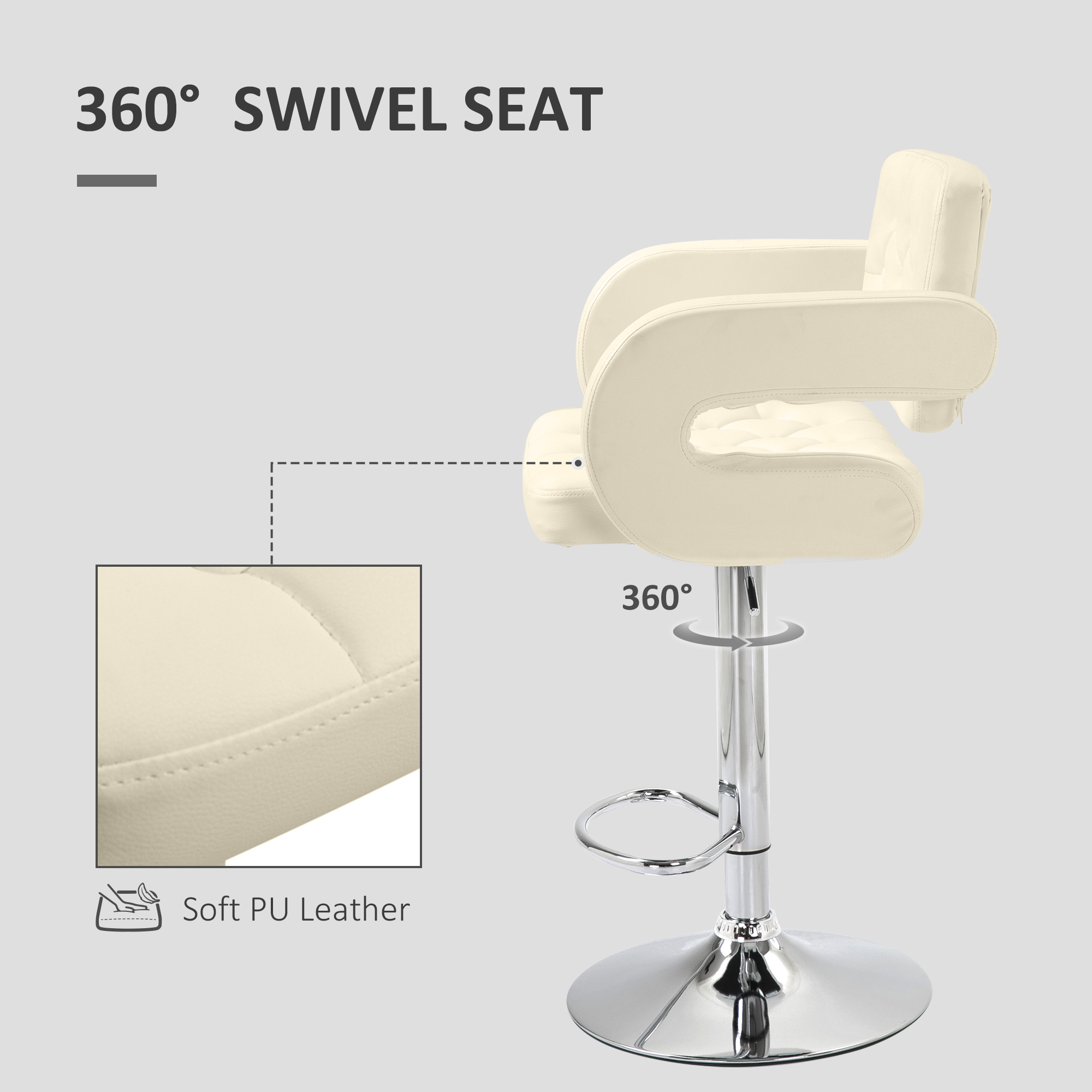 HOMCOM PU Leather Upholstered Swivel Bar Stool, Height Adjustable with Back, Armrest, Footrest, Beige 5