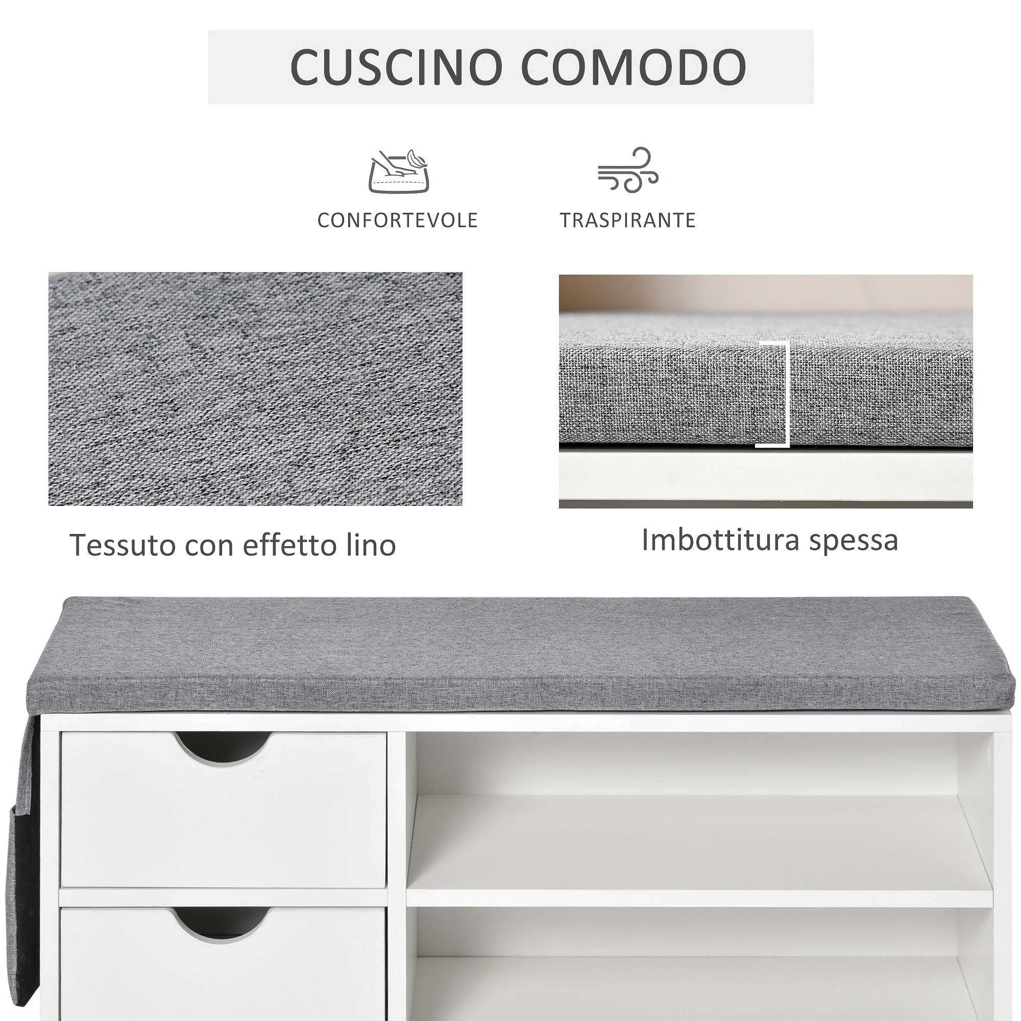 Panca Scarpiera Con Cuscino Cassetto E 3 Vani Aperti In Legno - 8