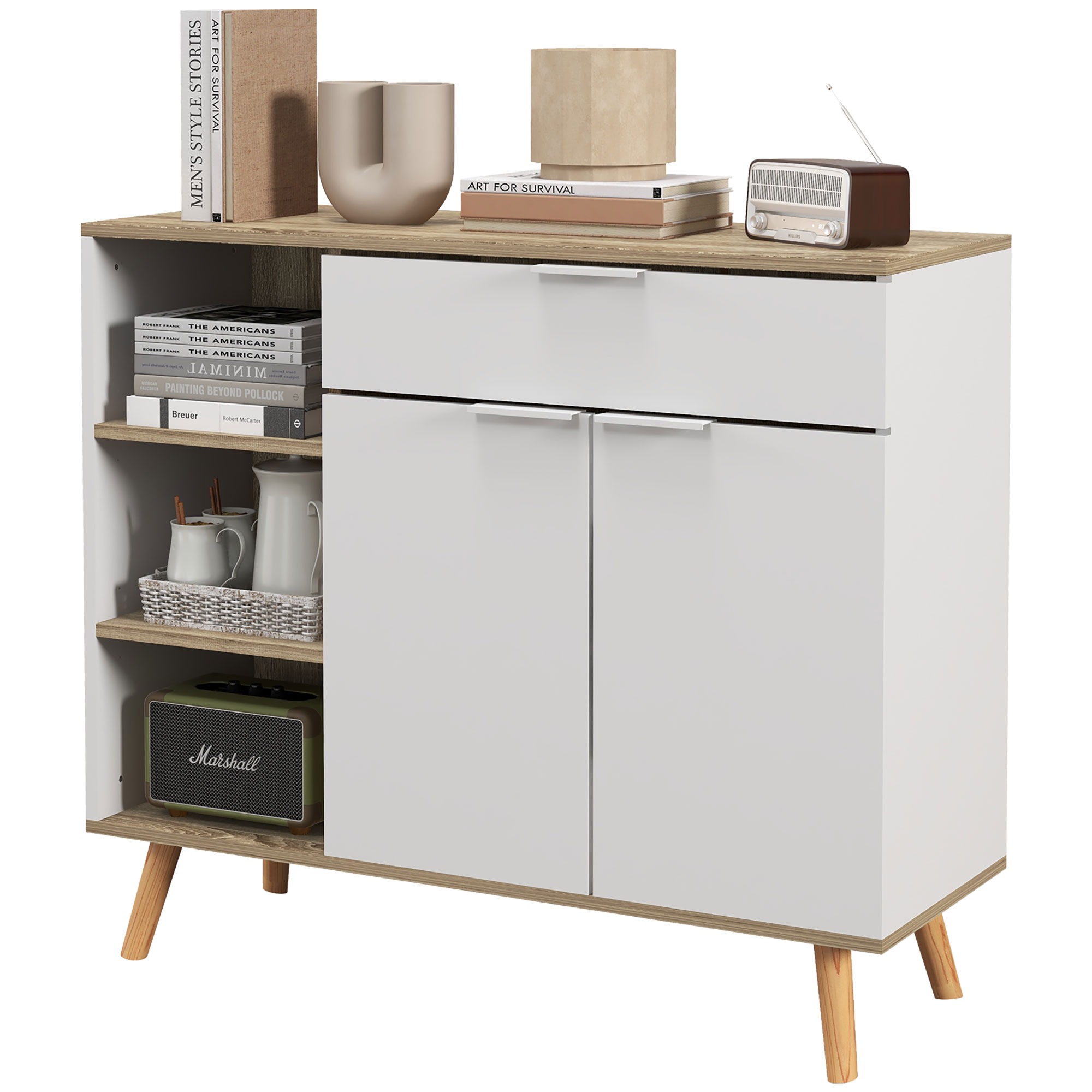 HOMCOM Aufbewahrungsmöbel, Küchenbuffet, Kommode, verstellbare Regale, 1 Schublade 1 Doppeltürschrank, Beine aus Massivholz, 95 x 35 x 85 cm, weiß Aosom