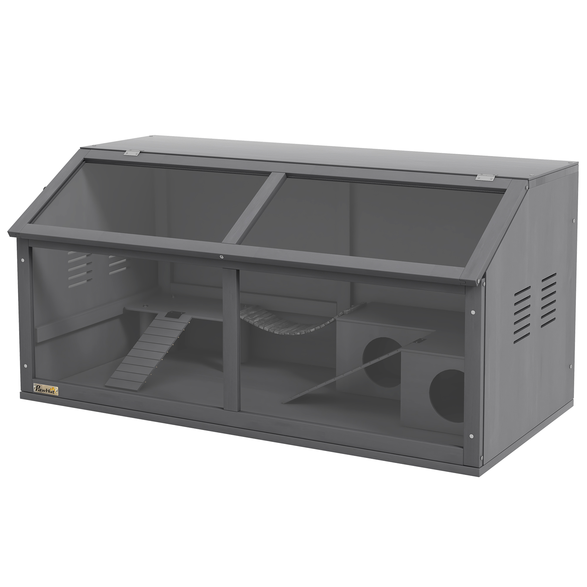 Comparer les prix de PawHut Cage à petits animaux, Cage à rongeurs, en bois de sapin avec accessoires, 100 cm x 52 cm x 50 cm, Gris