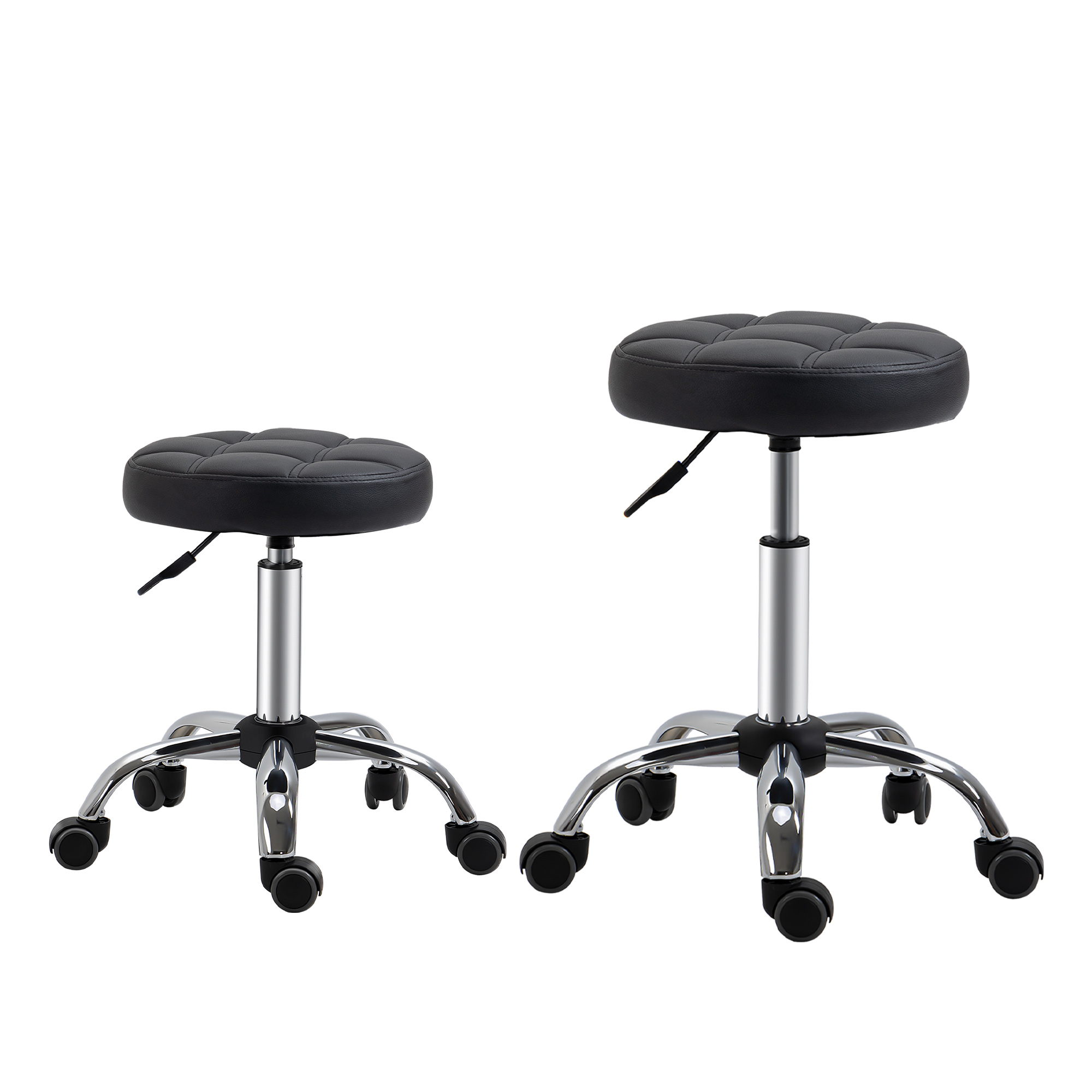 HOMCOM Lot de 2 Tabourets à roulettes réglables en hauteur et pivotants, tabouret de travail avec roues pour salon, bureau, simili cuir, Ø35,5 x 63 cm, Noir