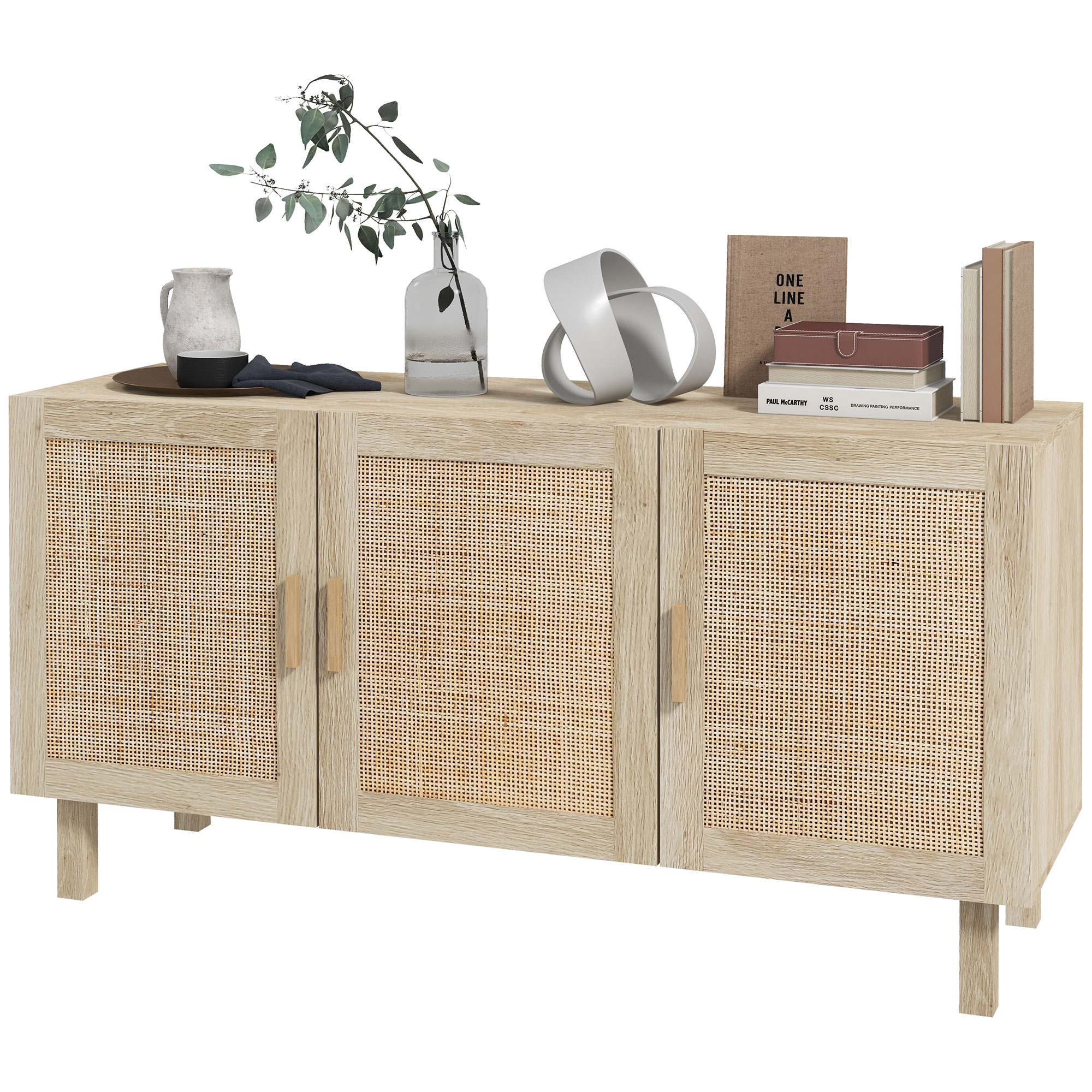 HOMCOM Buffet Möbel Aufbewahrungsschrank 3 Türen mit verstellbarem Regal Rattan-Effekt Bohème-Stil - 136 x 41 x 70 cm Aosom