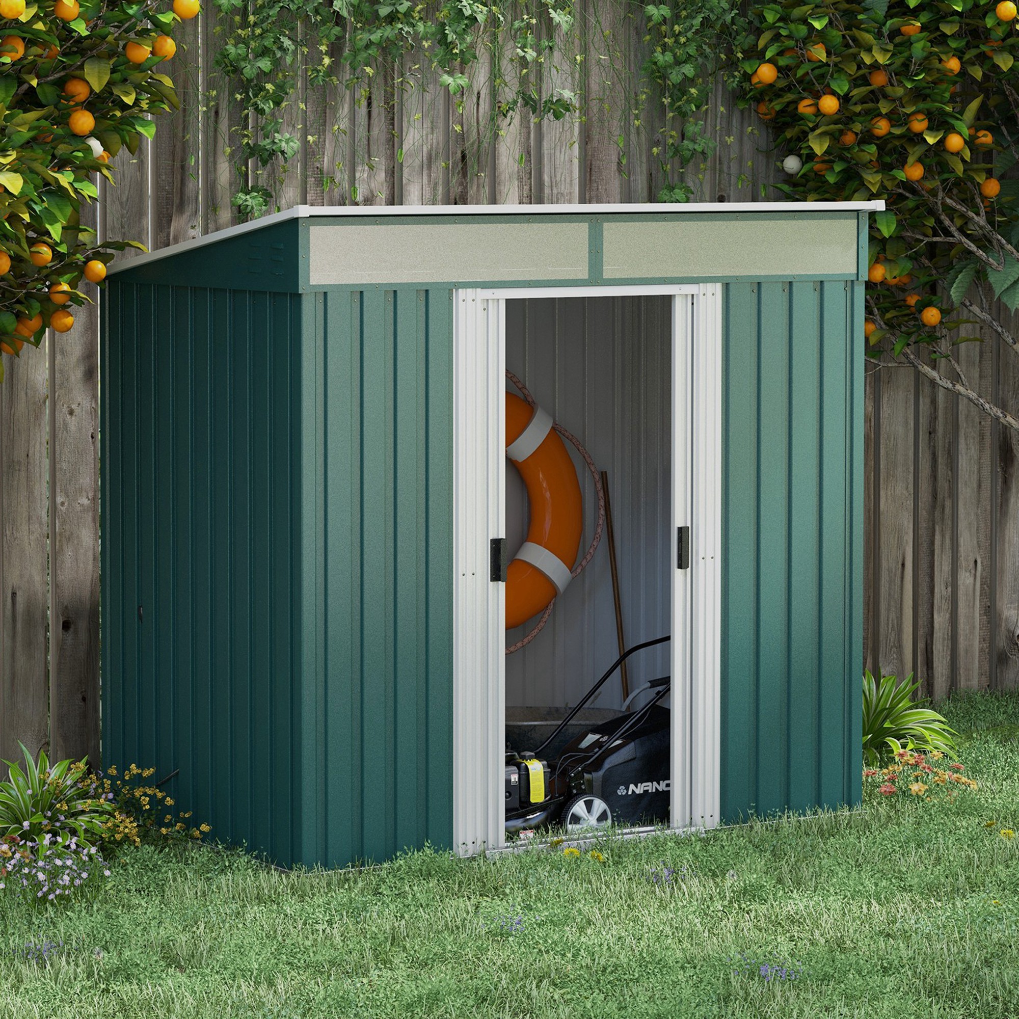 Outsunny 6.5 x 4FT Galvanised Metal Shed with Foundation Kit, Lockable Tool Garden Shed with Double Sliding Doors, Vents, Green 3