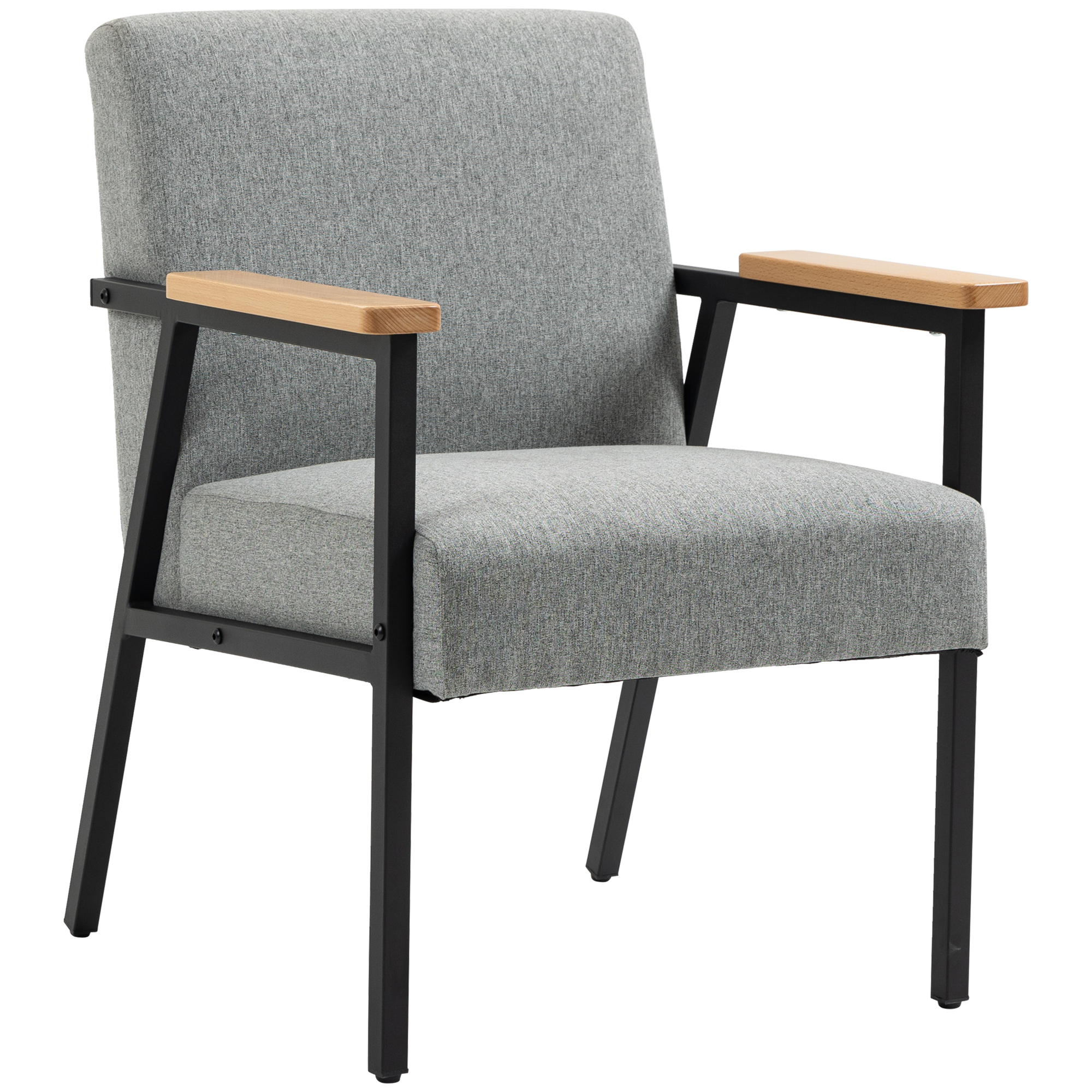 HOMCOM Fauteuil d'Appoint au Design Scandinave, Fauteuil de Relaxation, Fauteuil d'Appoint, Revêtement en Lin, Bois de Caoutchouc, Gris + Noir + Marron