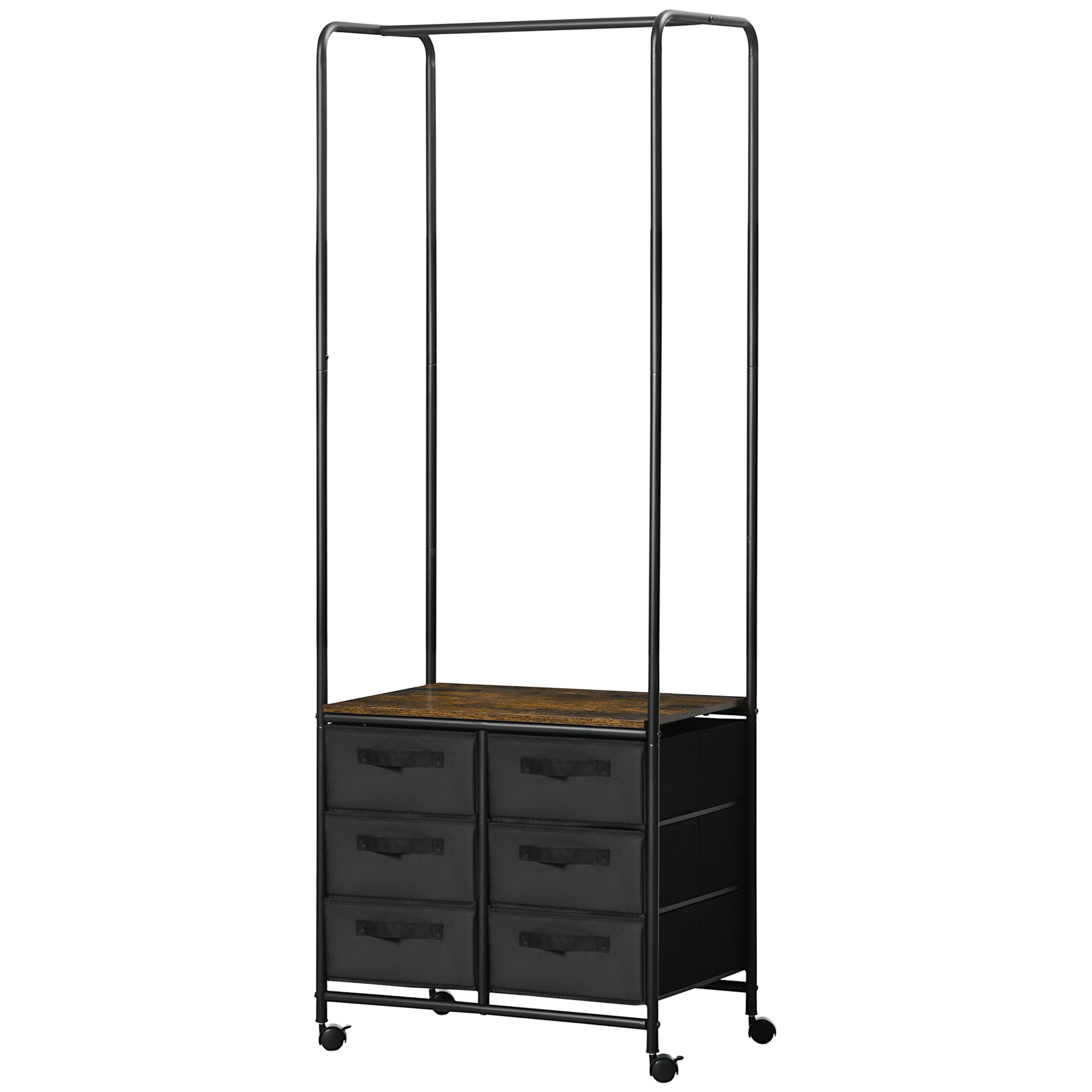 HOMCOM Kleiderständer im industriellen Stil mit 6 Stoffschubladen und 4 Rollen - 63,5 x 40 x 172,5 cm Schwarz Braun   Aosom – HOMCOM