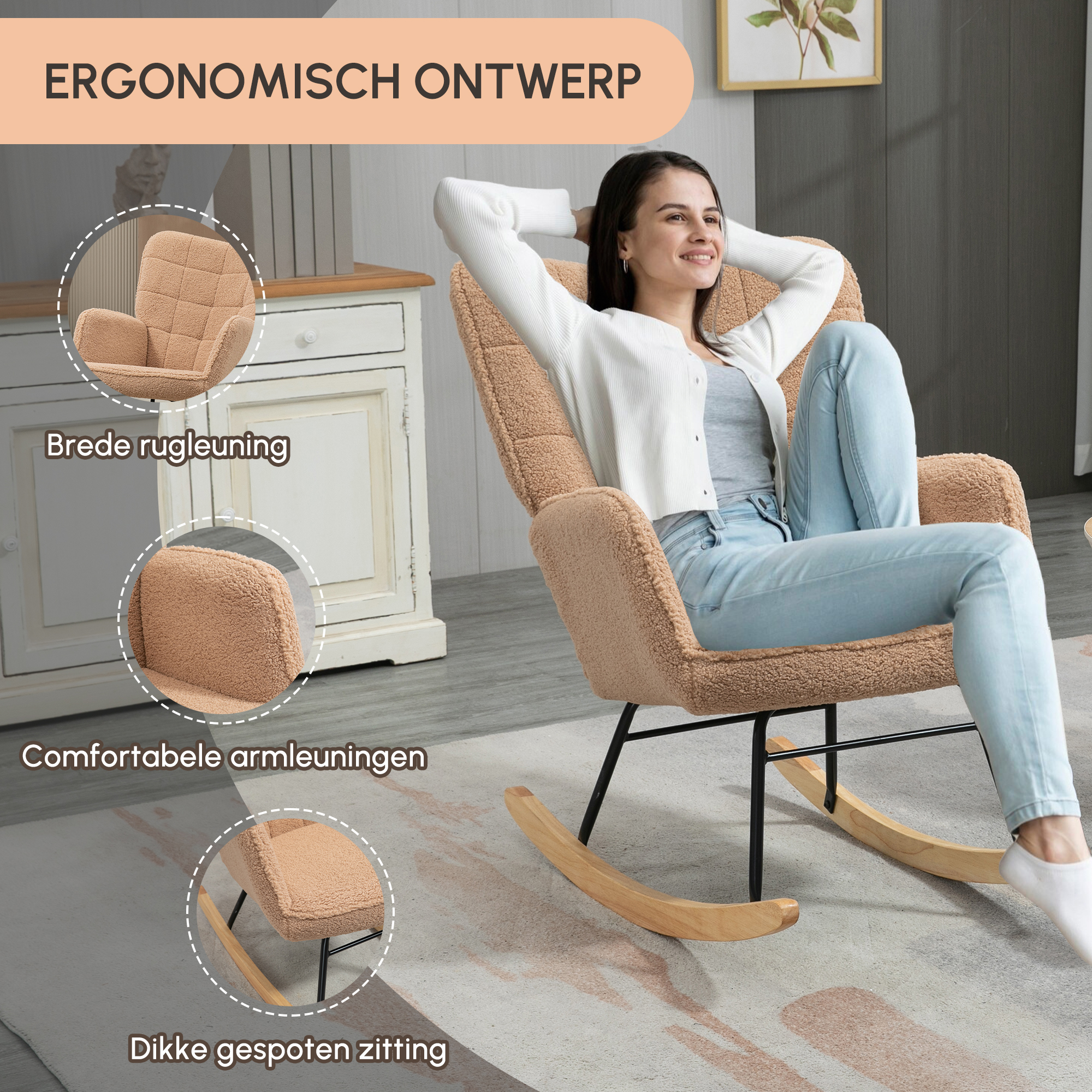 HOMCOM - Schommelstoel - Fleece Look - Met Armleuningen - Beige