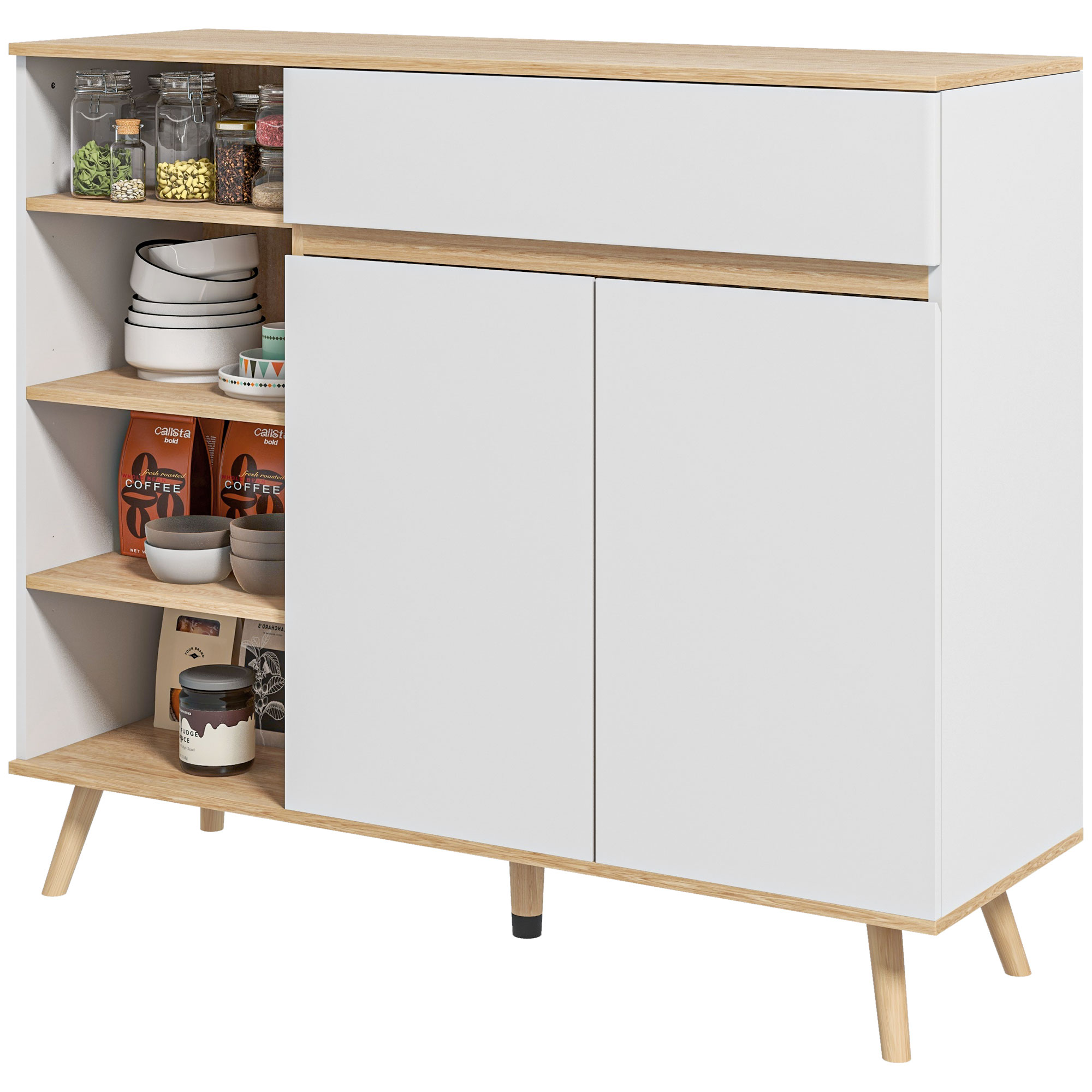 HOMCOM Aufbewahrungsschrank Buffet skandinavischer Stil mit 1 Doppeltür 1 Schublade und 4 Fächern 119 x 40 x 102 cm Weiß Aosom
