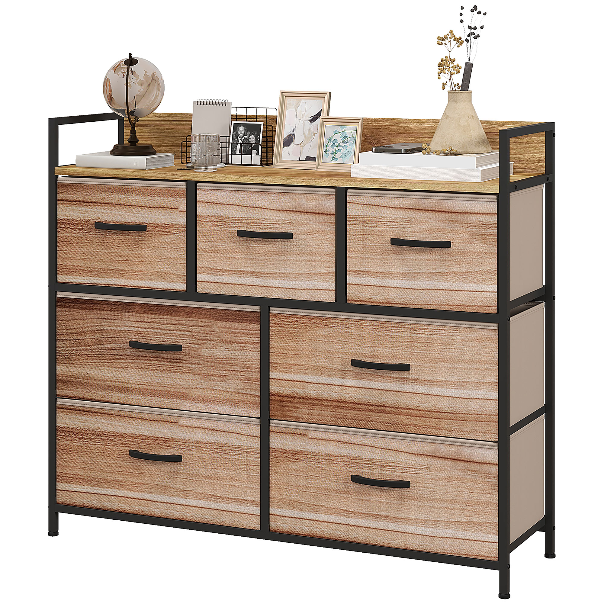 HOMCOM Kommode 7 Schubladen Aufbewahrungsschrank faltbarer Stoffschublade - schwarze Stahlstruktur - 98 x 29 x 85 cm, Schlafzimmer, Eingangsbereich, Wohnzimmer, Schwarz und Natur Aosom