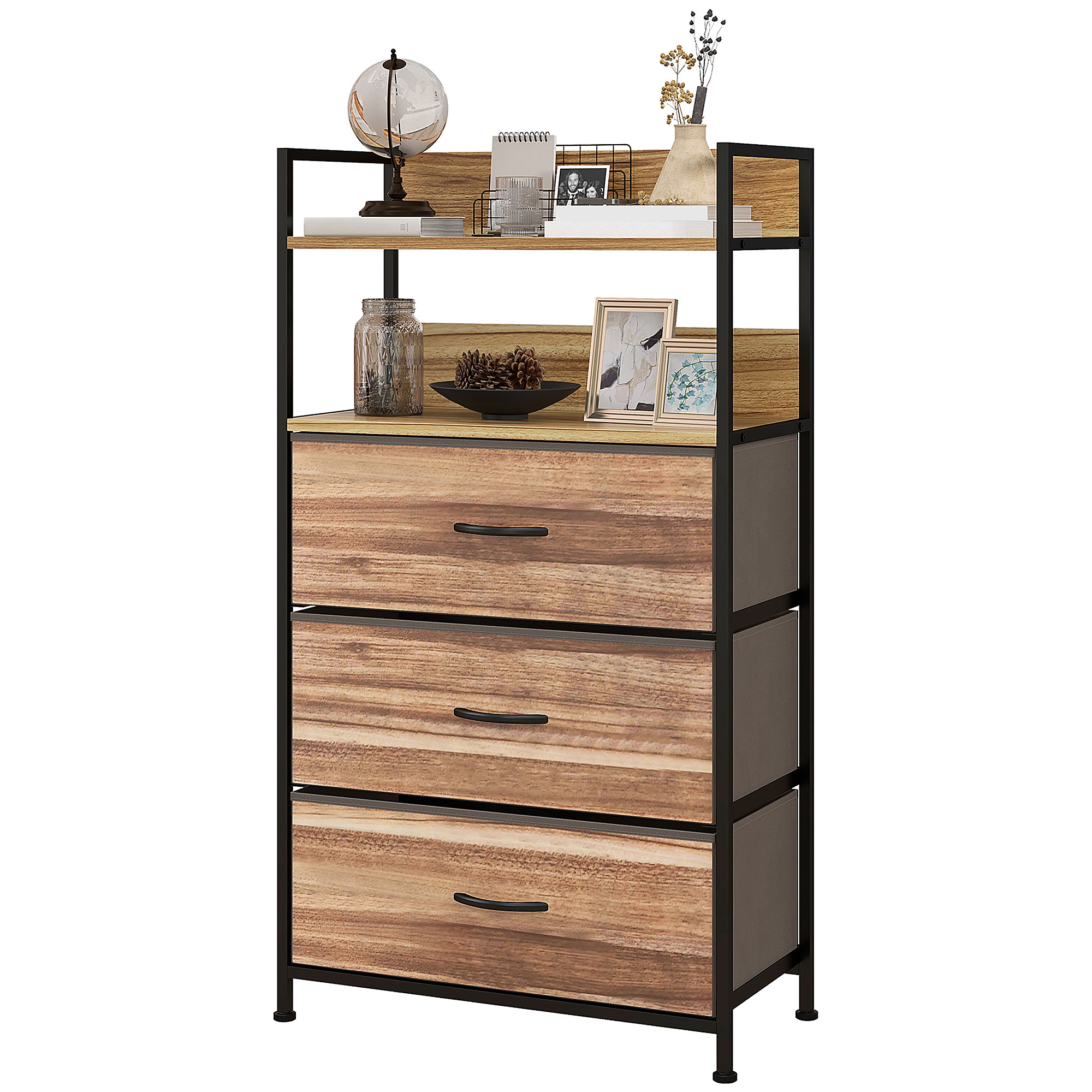 HOMCOM Aufbewahrungskommode im industriellen Stil mit 3 herausnehmbaren Stoffschubladen und 2 Regalen - 60 x 29 x 101 cm - Holzoptik und schwarzes Metall   Aosom