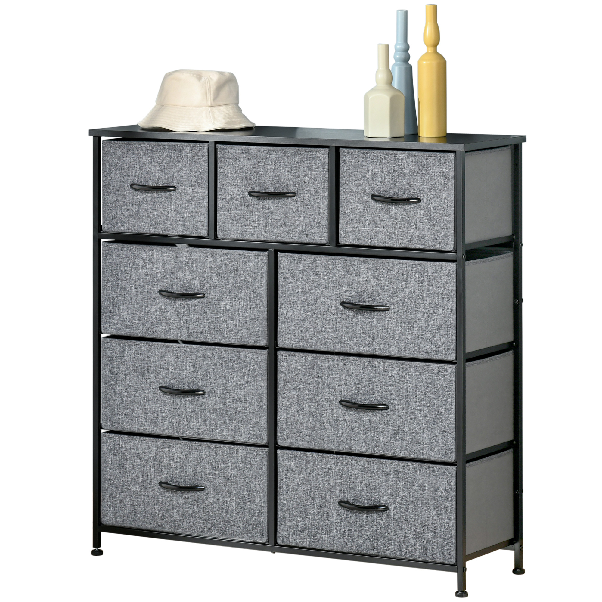 HOMCOM Kommode 9 Schubladen Aufbewahrungsmöbel faltbare Stoffschubladen - schwarze Stahlstruktur - 100 x 30 x 100 cm, Schlafzimmer, Eingang, Wohnzimmer, Schwarz und Grau Aosom