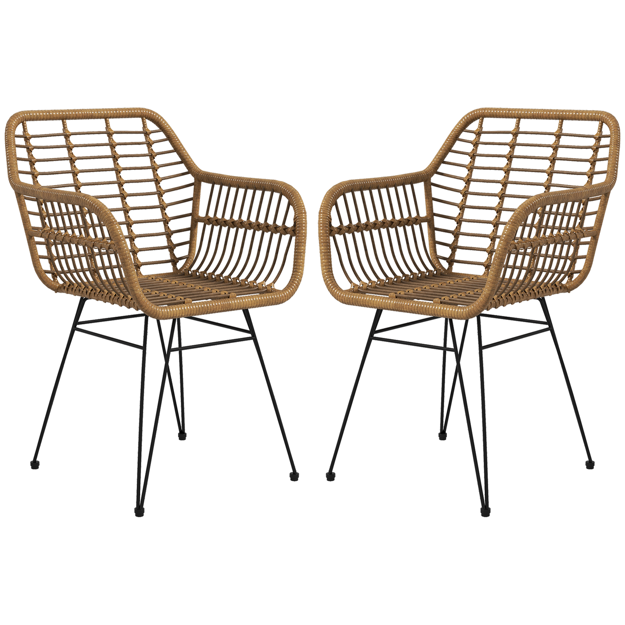HOMCOM Ensemble de 2 chaises de style bohème, chaises de cuisine, rotin PE, 56 x 60 x 79 cm, Naturel + Noir