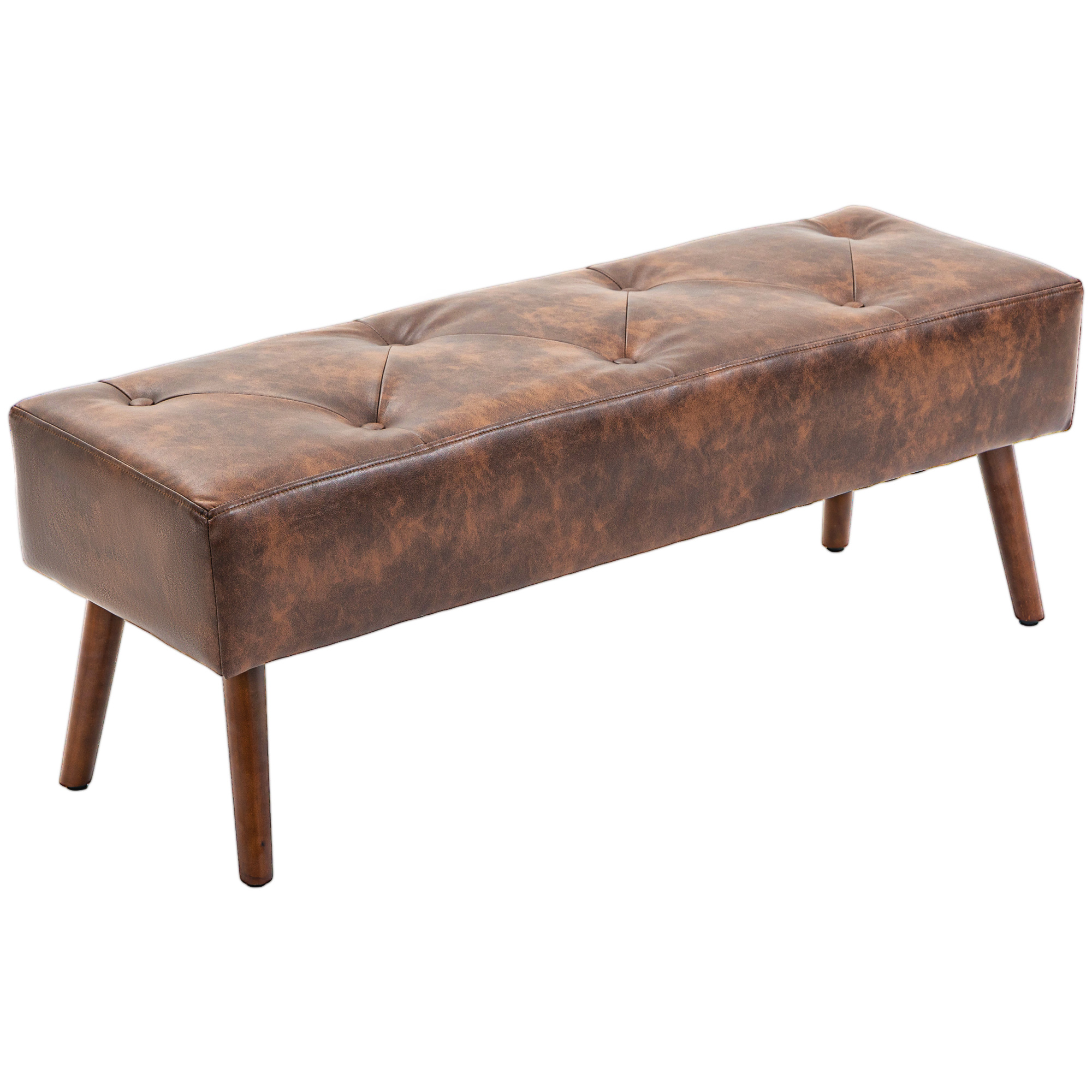 HOMCOM Bank Fußende Bank gepolstert im Vintage-Stil mit synthetischem Bezug 114 x 38 x 42 cm Holzbank gepolstert in gealtertem Braun Aosom