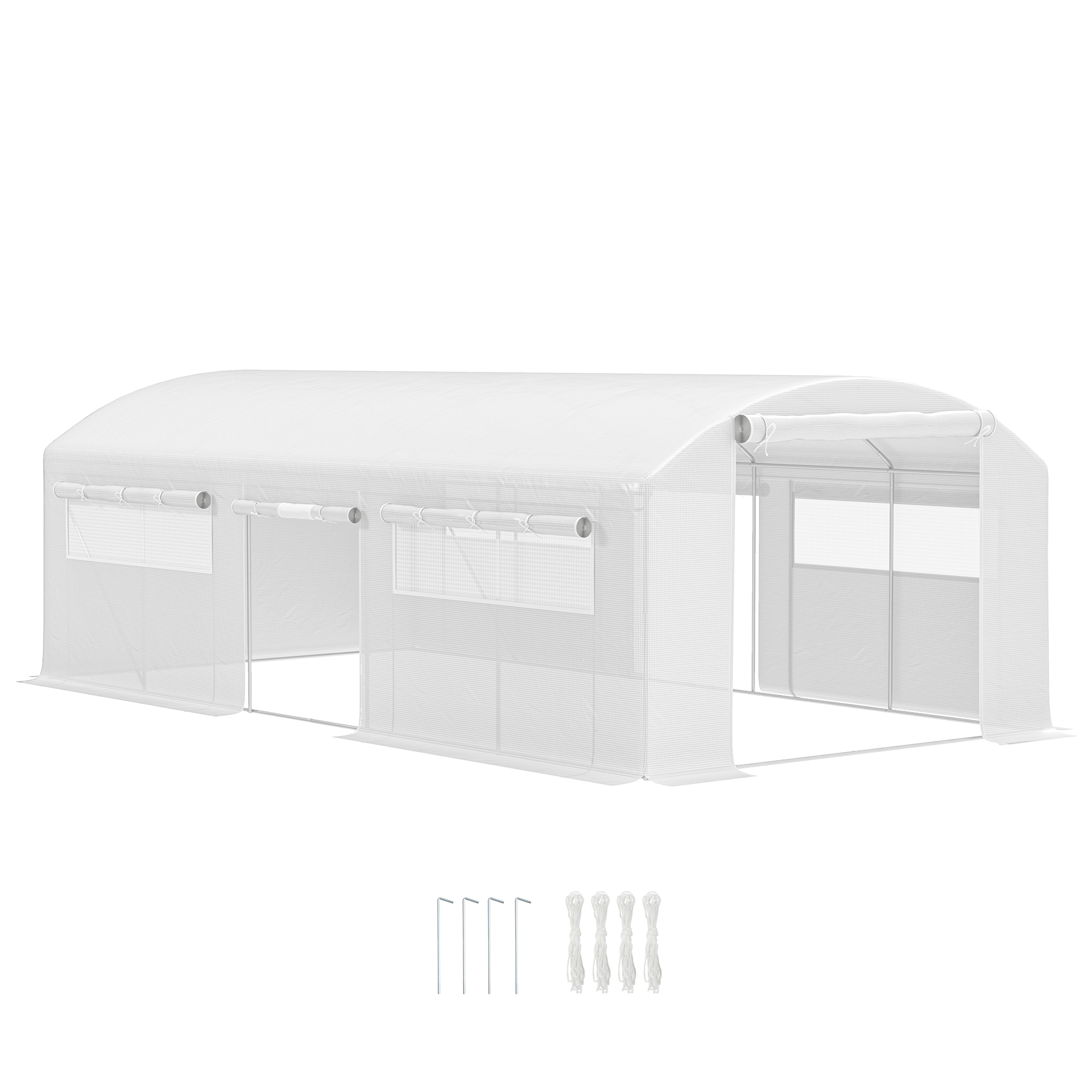 Outsunny Invernadero de Túnel 6x3x2 m con 4 Ventanas de Malla Cubierta de PE Anti-UV y 3 Puertas Enrollables Blanco