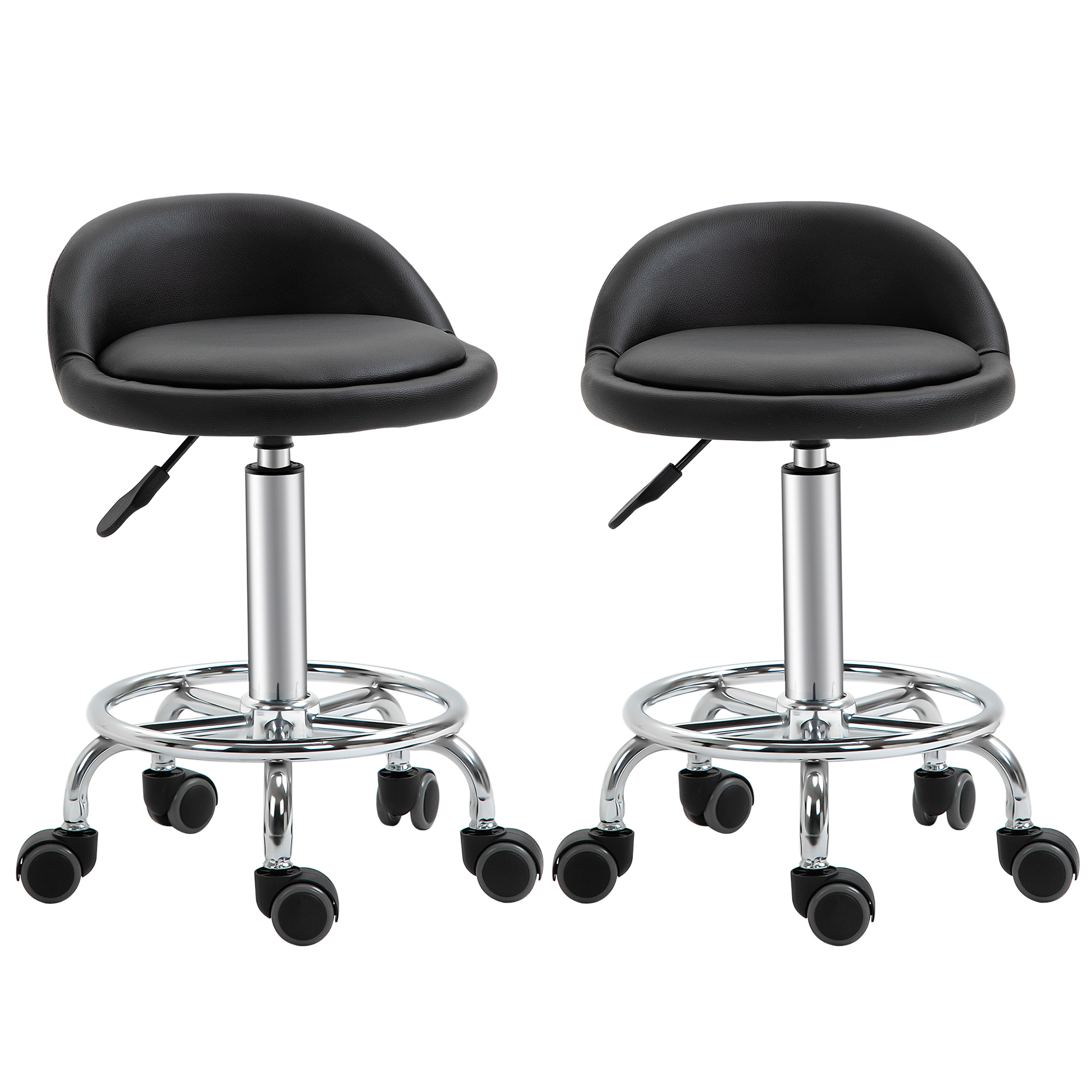 HOMCOM Set aus 2 Rollhockern mit 360° drehbarer Sitzfläche - Höhenverstellbar 47-62H cm, ergonomische Rückenlehne - verchromter Stahl, schwarzer synthetischer Bezug   Aosom – HOMCOM