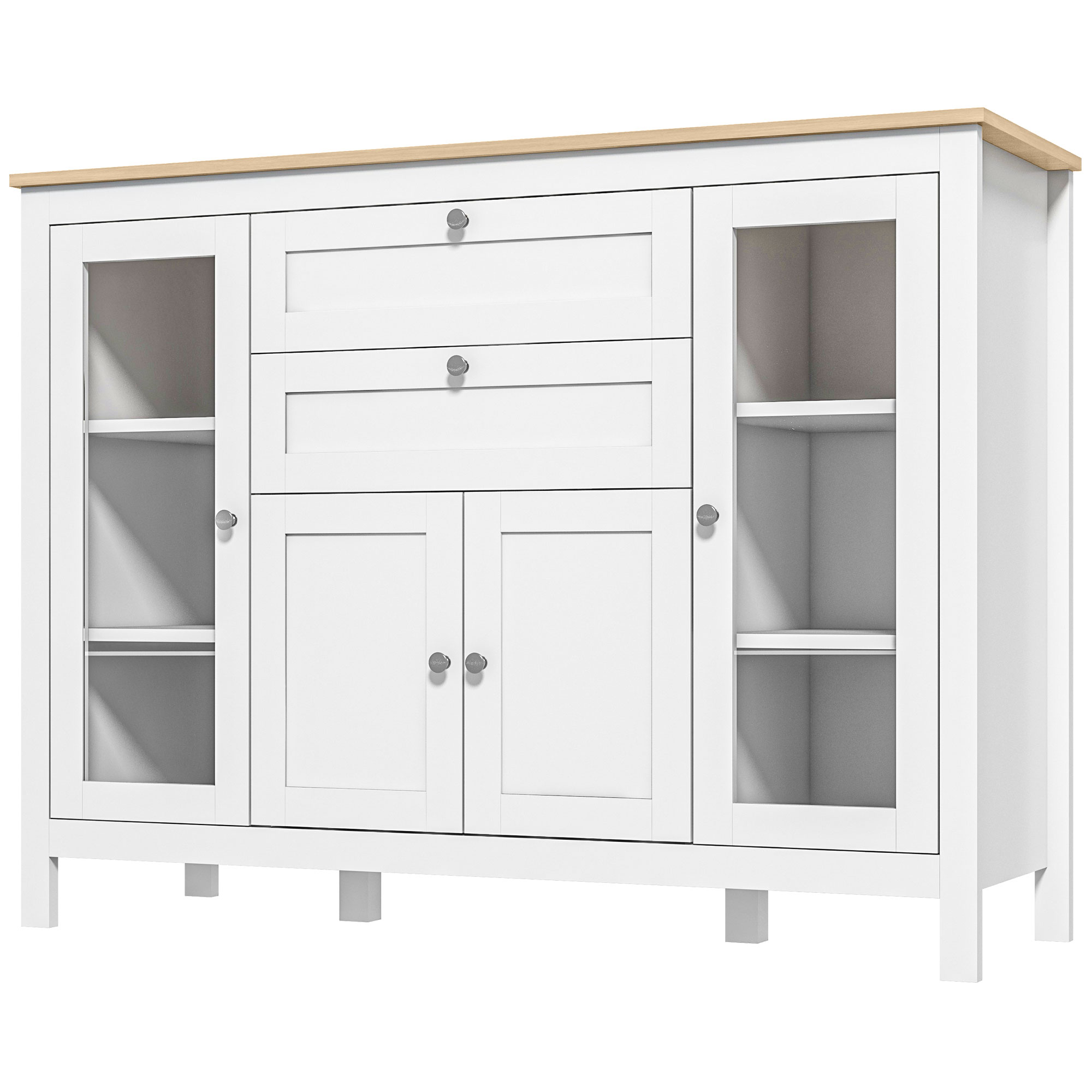 HOMCOM Buffet Esszimmer mit 2 Glastüren 120 x 40 x 90 cm Höhenverstellbare Regale 2 Schubladen 1 Schrank Naturholz und Weiß Aosom