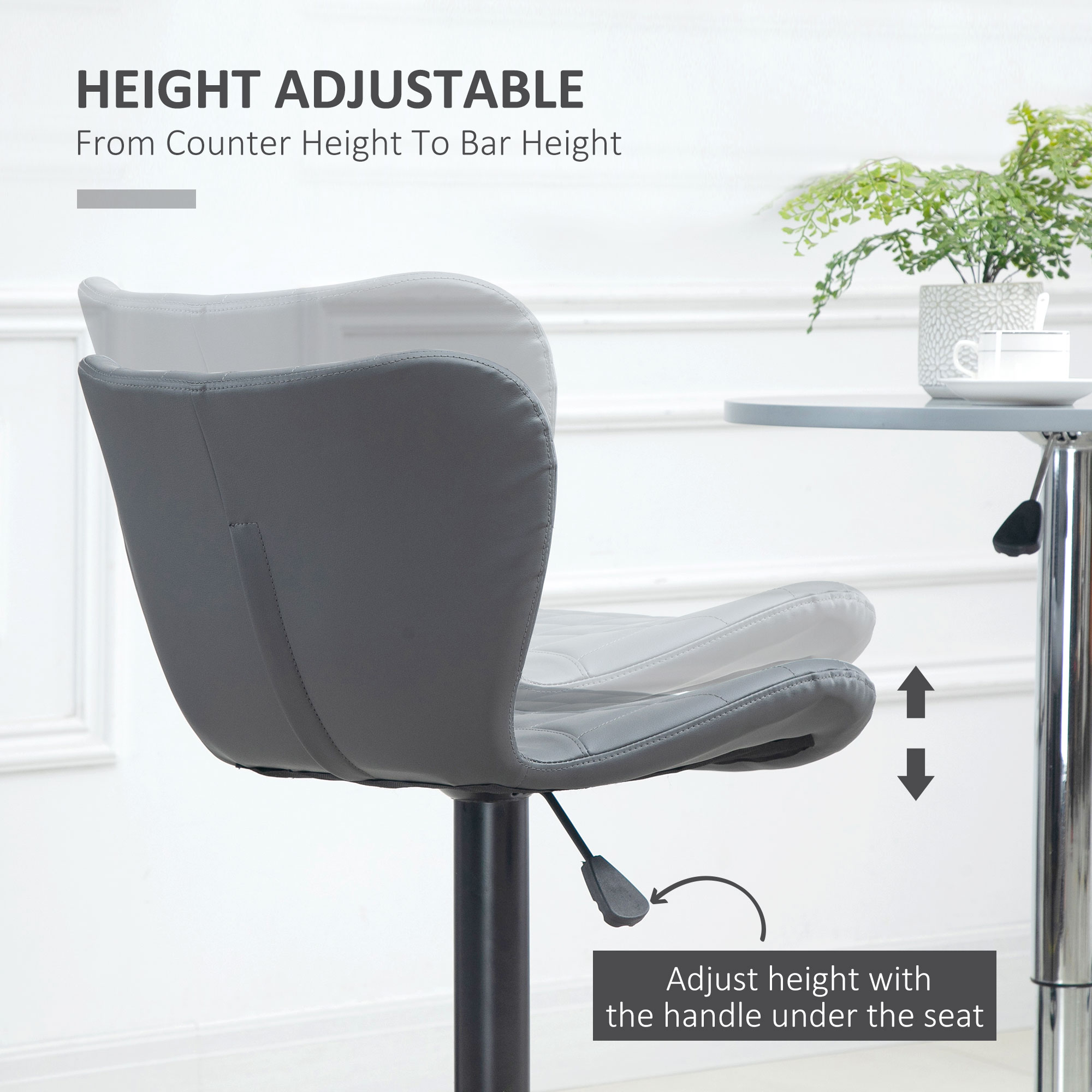 HOMCOM Bar Stools Set of 2 Adjustable Height Swivel Bar Chairs in PU Leather with Backrest & Footrest, Grey 4