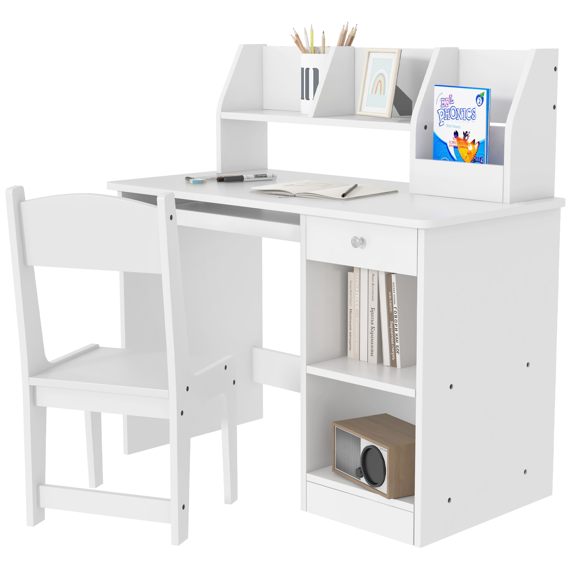 ZONEKIZ Ensemble bureau et chaise pour enfant 5-8 ans mit vielen Stauräumen, ausziehbarer Ablage und Schublade Ideal zum Schreiben, Lesen und Zeichnen in Weiß Aosom