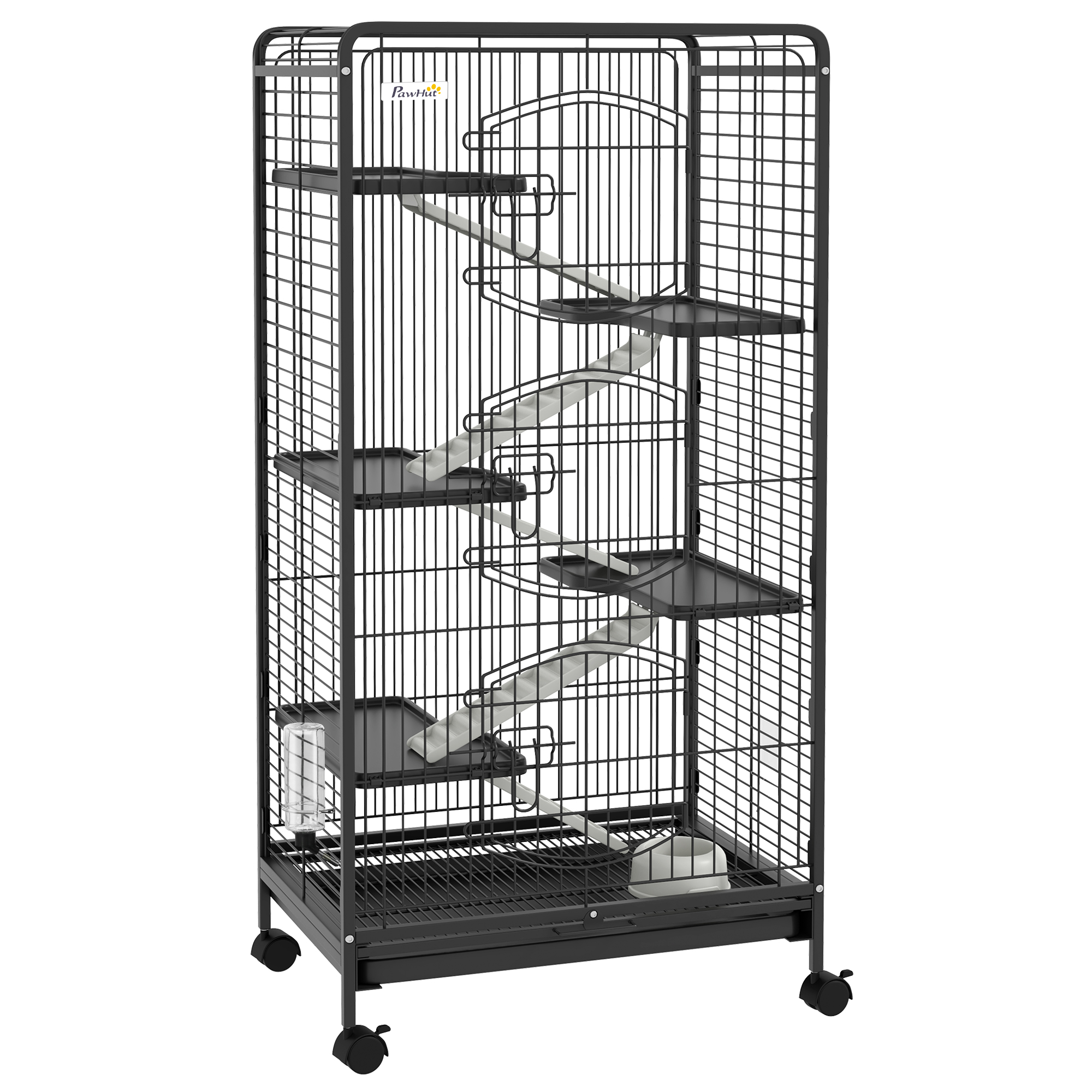PawHut Käfig Für Kleintiere Mit Rollen 5 Rampen 5 Plattformen Flasche Und Wasserschale 250 Ml Abnehmbares Untergestell Aus Stahl Pp Schwarz Aosom