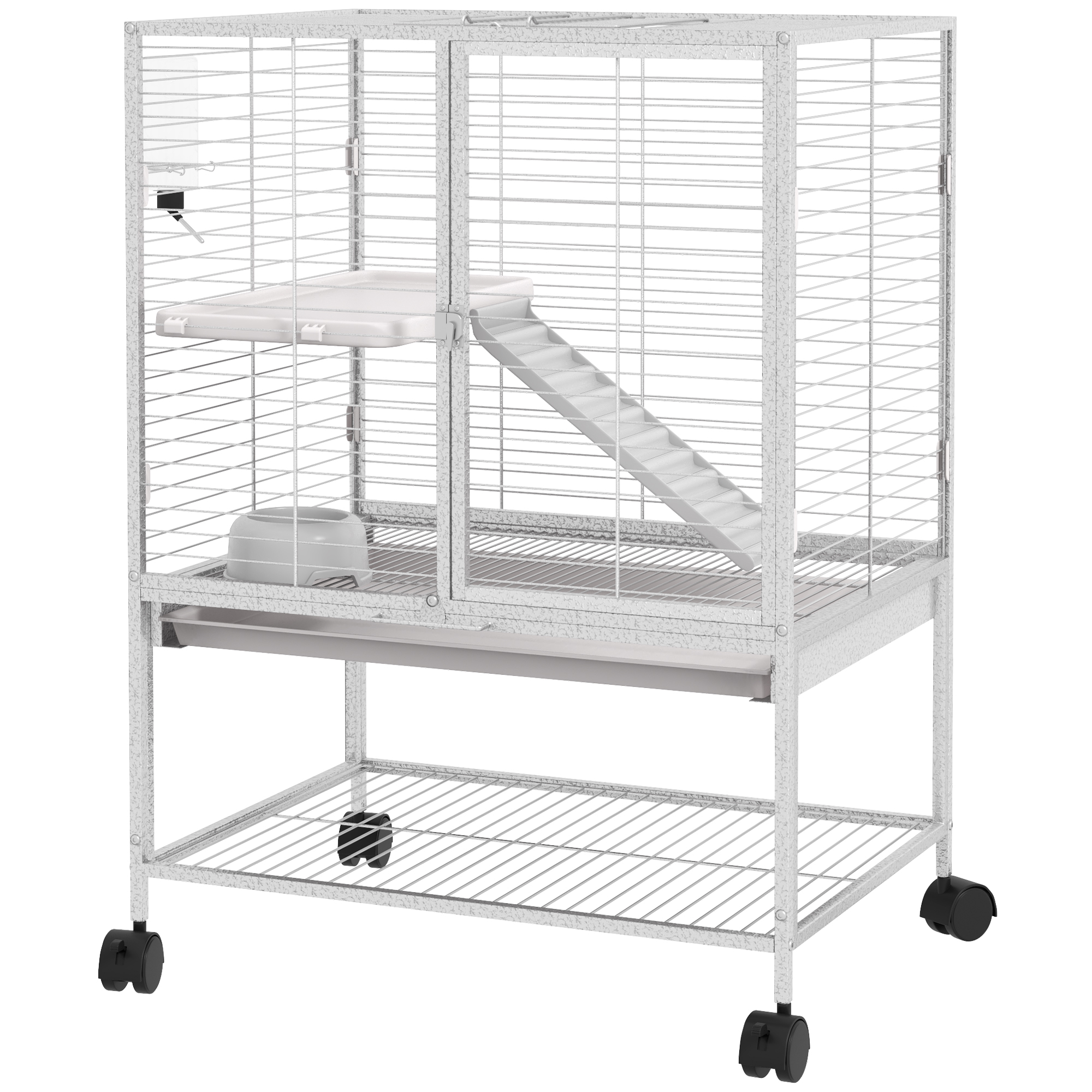 PawHut Käfig für kleine Tiere auf Rollen 2 Ebenen mit 2 Türen, 1 Rampe, 1 Ablage, Schüssel, Flasche - 61,5 x 44,5 x 86 cm, grau Aosom