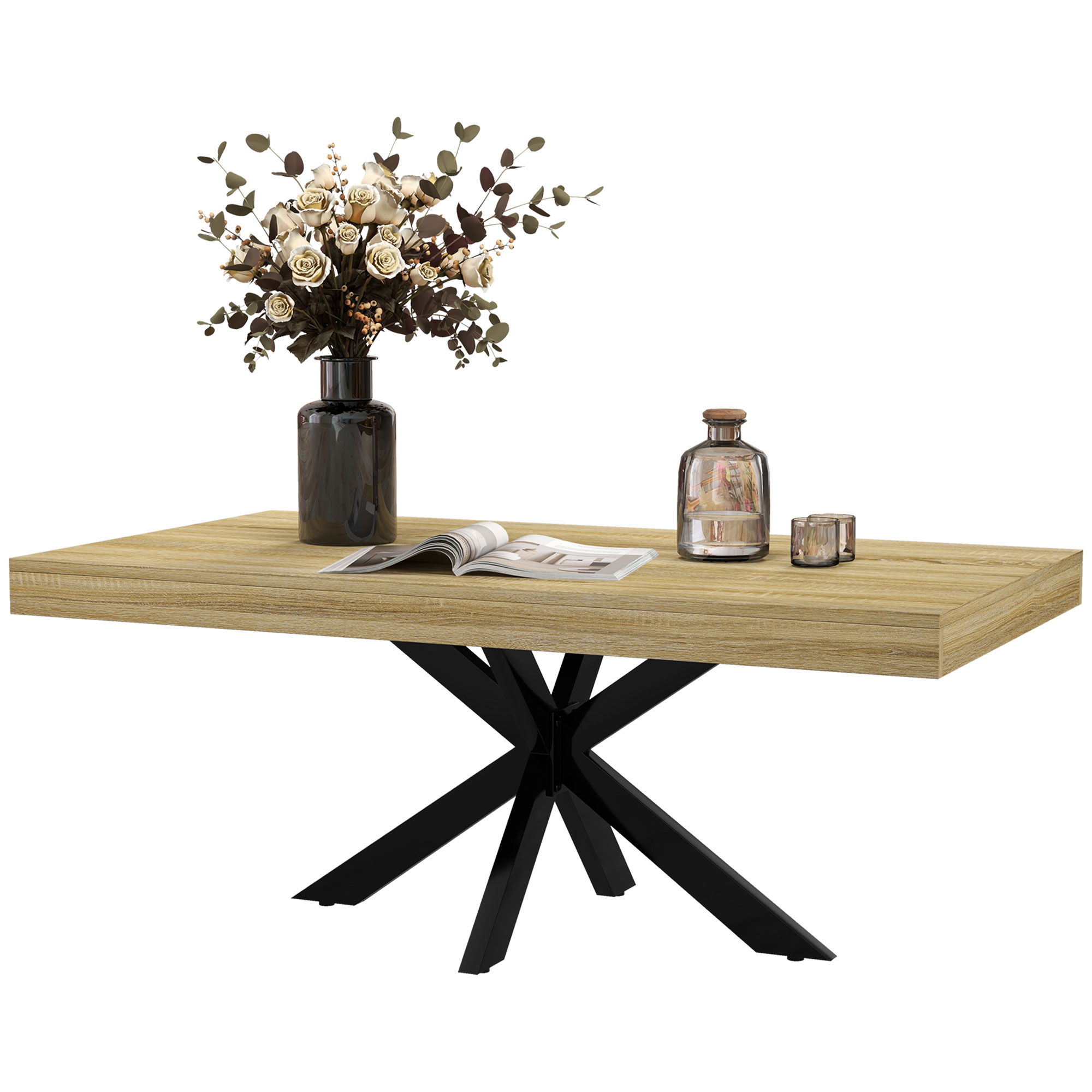 HOMCOM Rechteckiger Couchtisch Beistelltisch im Industriestil aus schwarzem Metall und Holzoptik-Tablett - Maße 110 x 60 x 45 cm Aosom