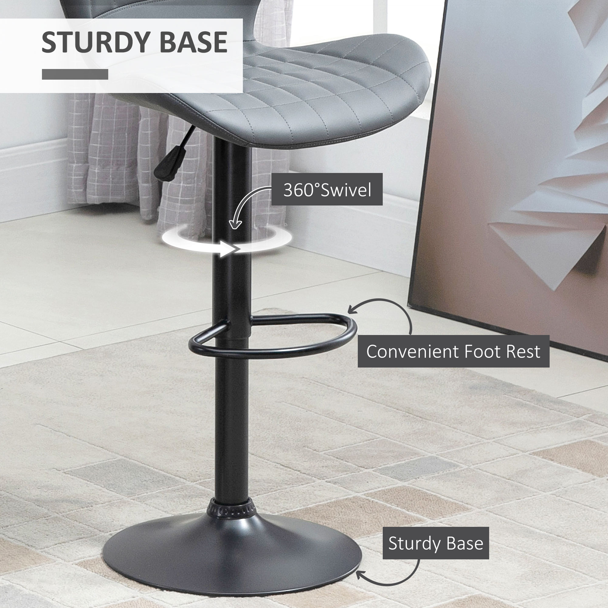 HOMCOM Bar Stools Set of 2 Adjustable Height Swivel Bar Chairs in PU Leather with Backrest & Footrest, Grey 5