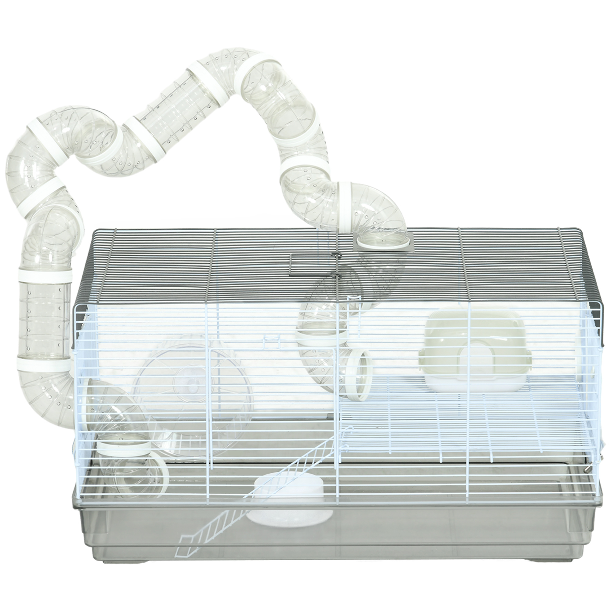 PawHut Hamsterkäfig, Nagerkäfig, mit Tunnel und Zubehör inklusive, Käfig für Hamster, Griff, Stahlgitter, 58 x 32 x 31 cm, grau Aosom