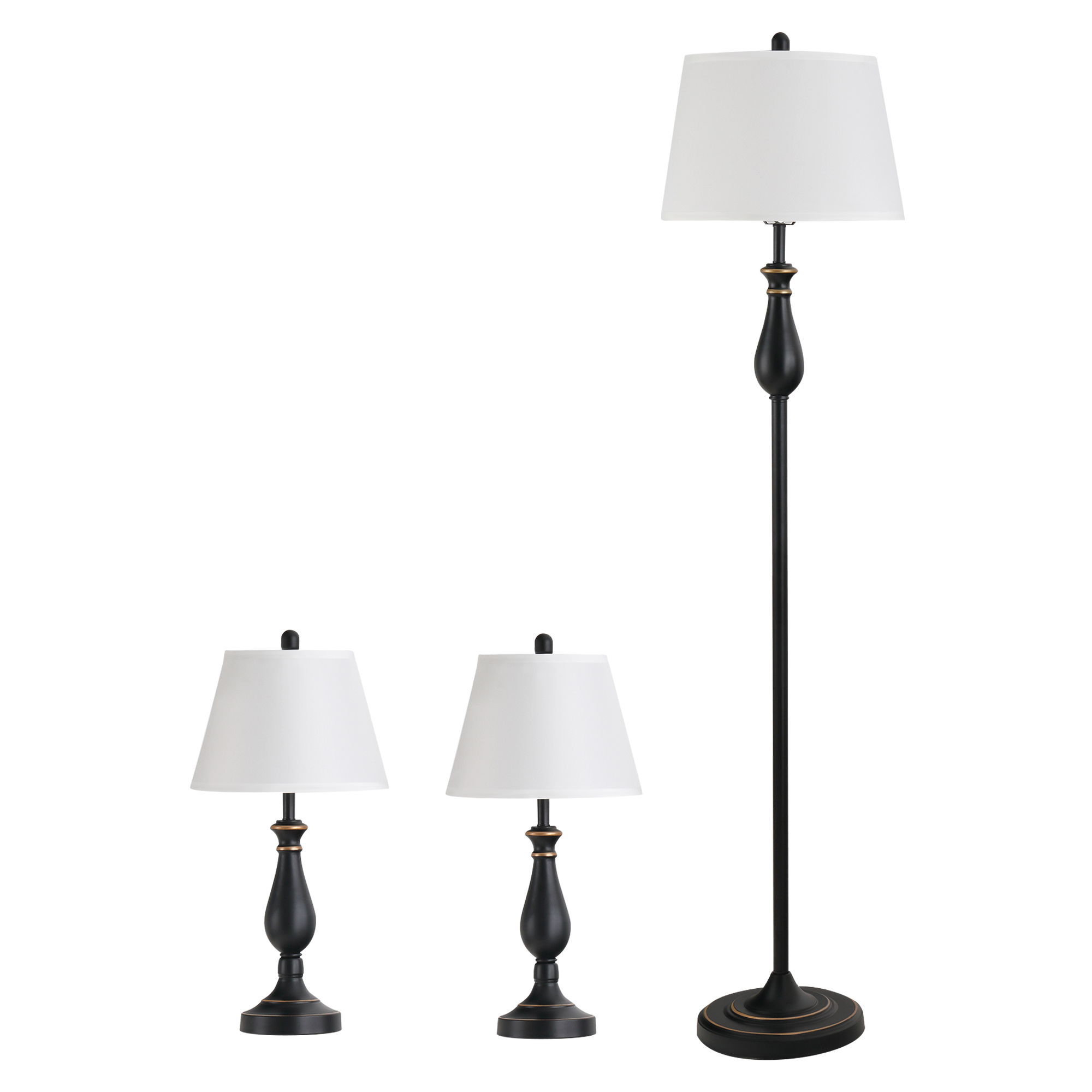 HOMCOM Ensemble de lampes 3 pièces 2 lampes de table(ø30 x 62H cm) + 1 lampe sur pied(ø38 x 158H cm) Vintage, Noir+Blanc, Métal, PS, Polyester, Coton, Douille de lampe E27