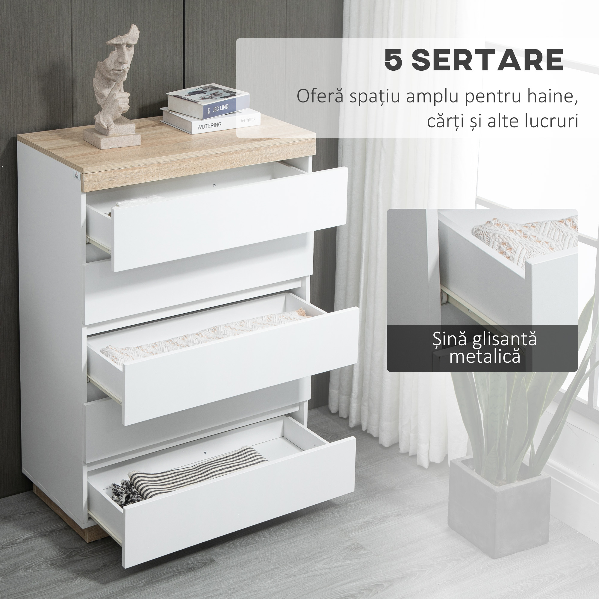  Comoda cu 5 Sertare din Lemn, Comoda pentru Dormitor cu Dispozitiv Anti-Rasturnare, 80x40x109 cm, Alb [3]