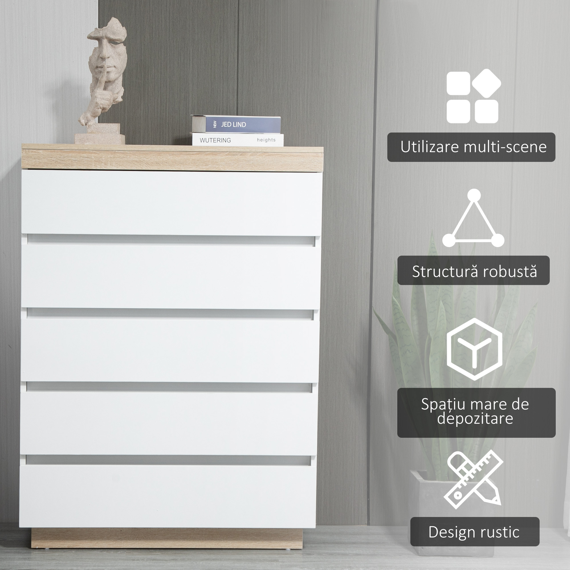  Comoda cu 5 Sertare din Lemn, Comoda pentru Dormitor cu Dispozitiv Anti-Rasturnare, 80x40x109 cm, Alb [4]