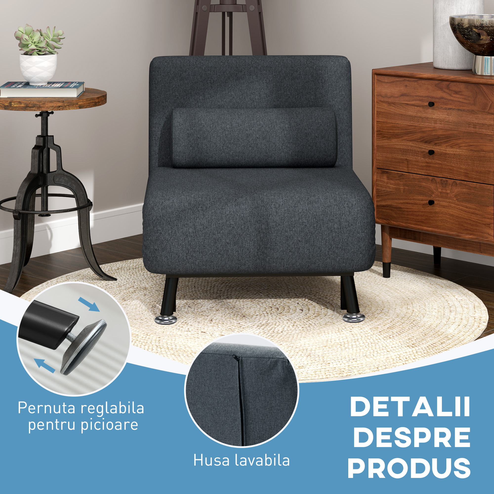  Fotoliu Pat 3 in 1 cu Spatar Reglabil pe 5 Nivele si Perna, Canapea Pat Pliabila, 75x70x75 cm, Gri inchis [5]