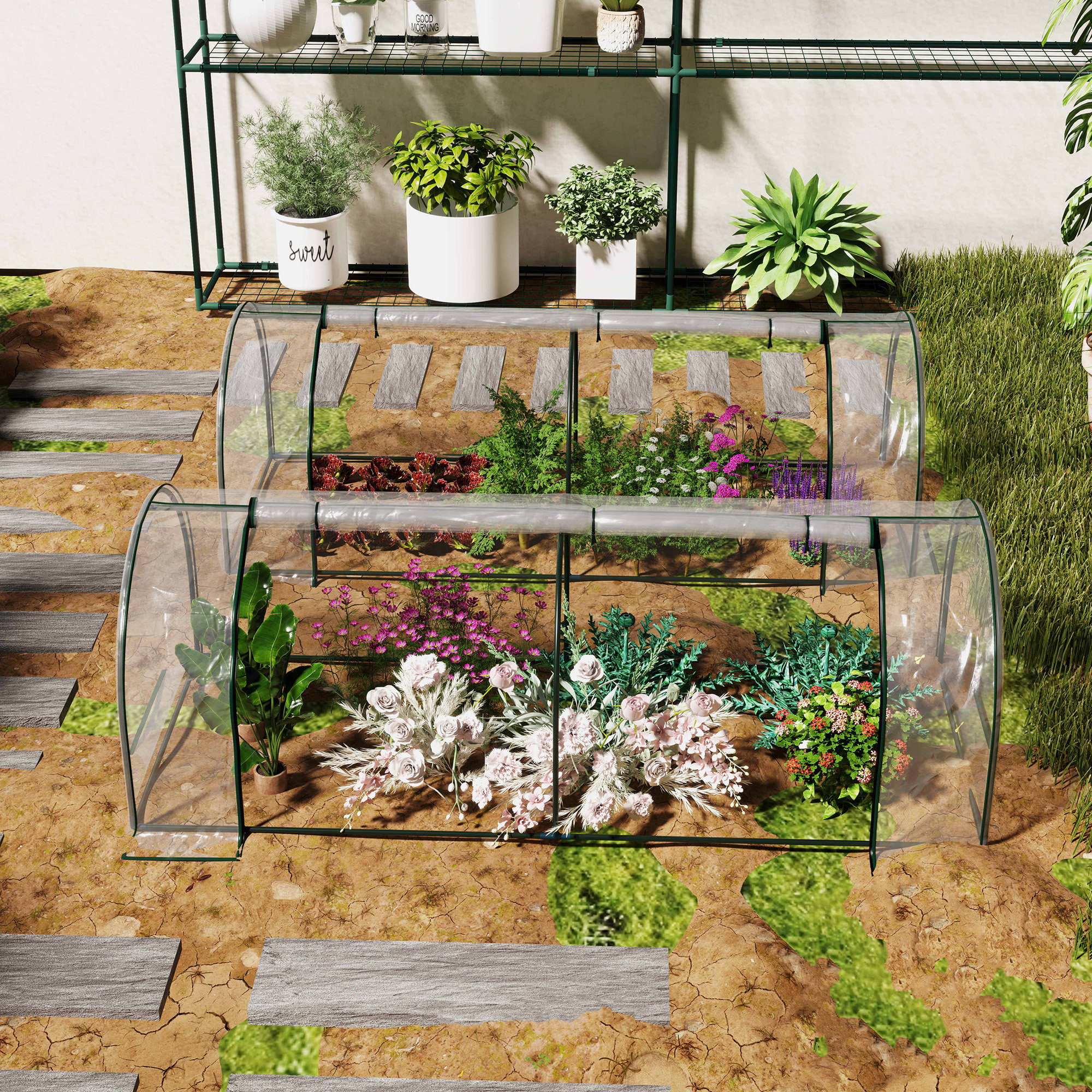 Outsunny Set of 2 Tunnel Greenhouse, Green Grow House with Roll-up Door, Steel Frame, Plastic Cover for Garden, Outdoor, 250 x 100 x 80cm, Clear 2