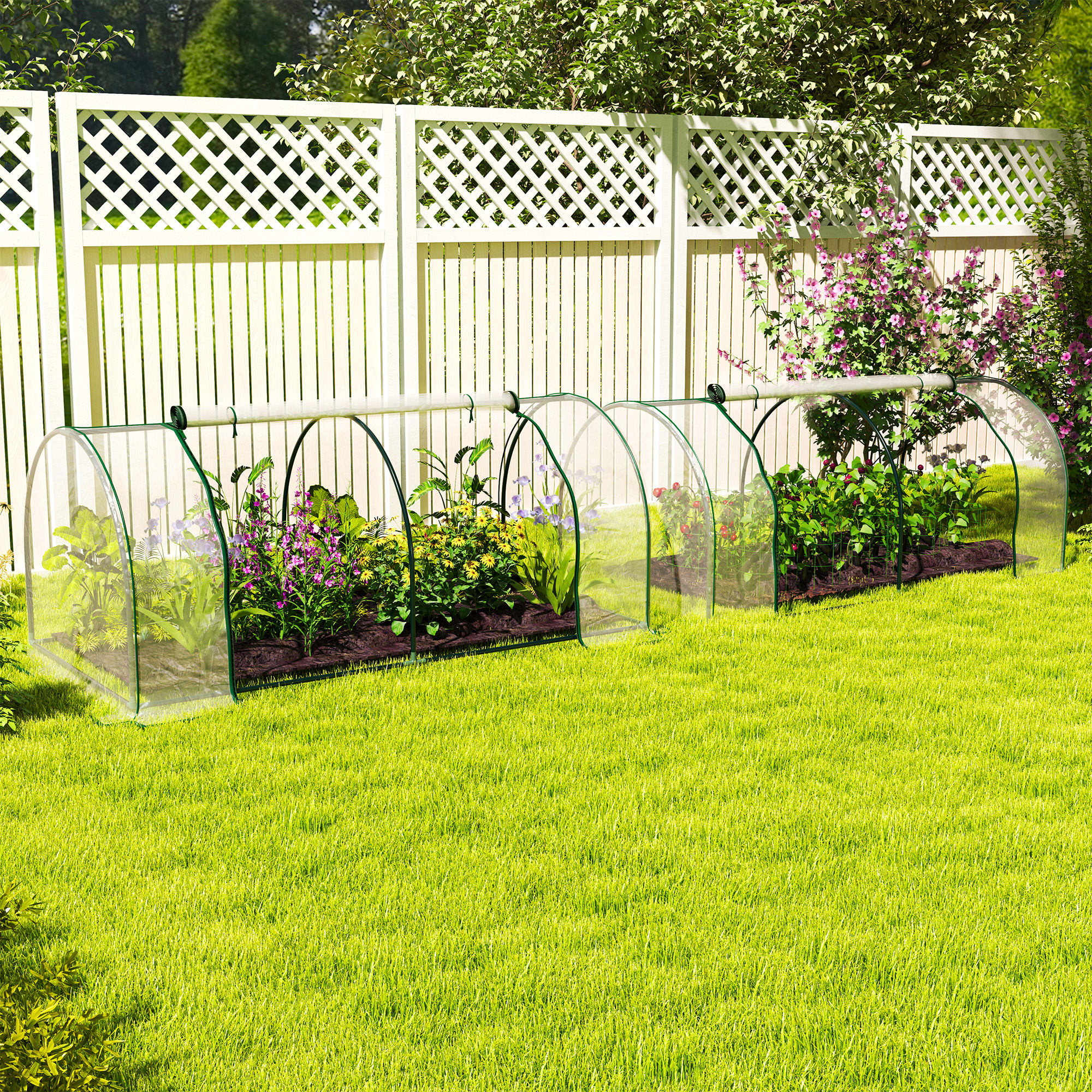 Outsunny Set of 2 Tunnel Greenhouse, Green Grow House with Roll-up Door, Steel Frame, Plastic Cover for Garden, Outdoor, 200 x 100 x 80cm, Clear 2