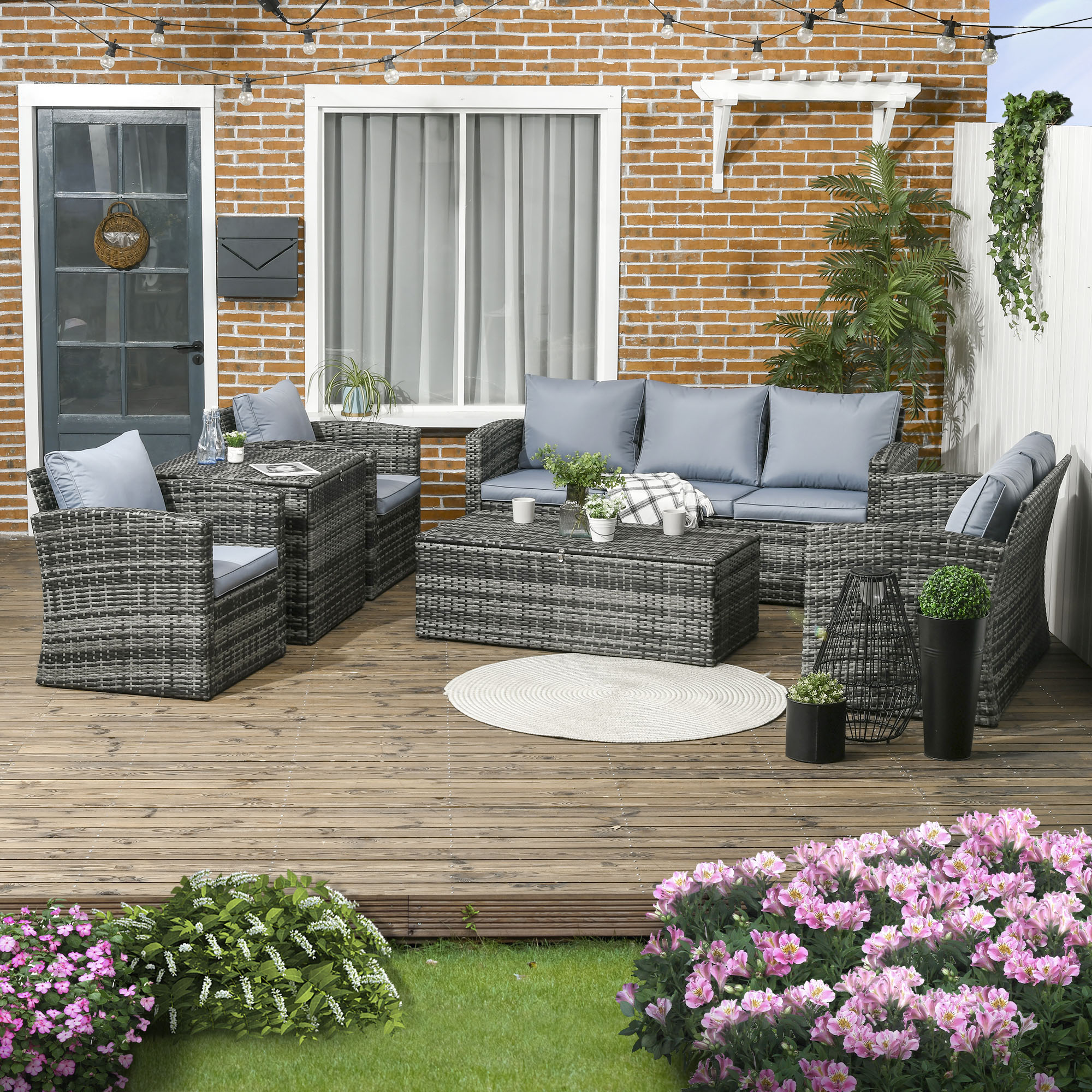 Outsunny 6 Pieces Rattan Garden Furniture Set, 7 Seater Wicker Outdoor Furniture Set with Storage Tea Table & Side Table, Sectional Garden Sofa Set with Cushions, Grey 2