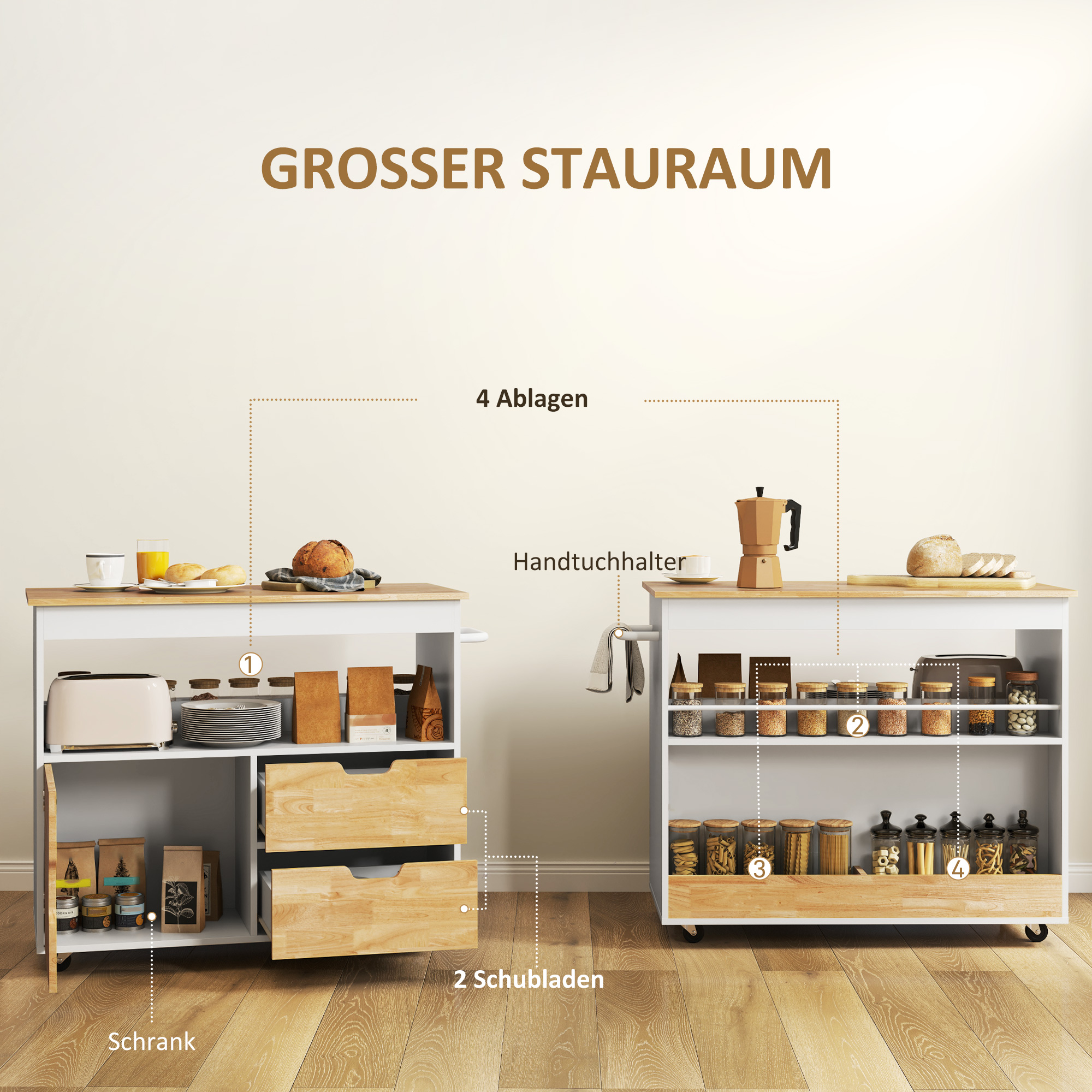 GOPLUS Rolwagen voor keuken, 116 x 40 x 85 cm, keukenwagen van hout met grote kast, rek met 2 verstelbare niveaus en 1 lade, kruidenstandaard, handdoekhouder aan de zijkant, voor woonkamer