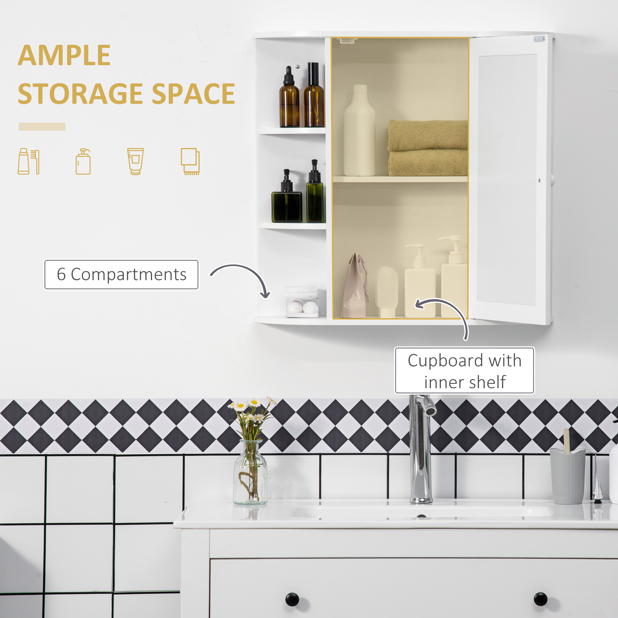 HOMCOM Wall Mounted Bathroom Cabinet with Mirror Single Door Storage Organizer 2-tier Inner Shelves White 5