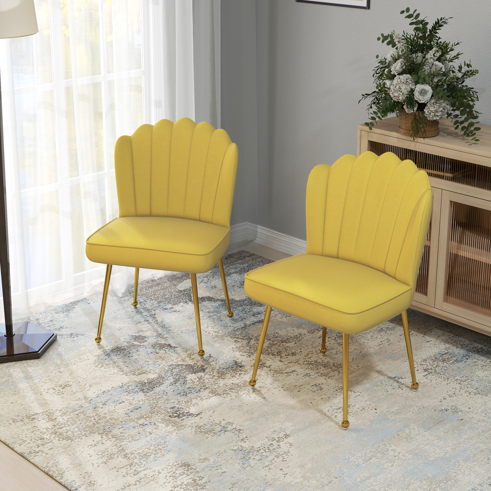 Set of 2 Velvet-Feel Shell Accent Chair Yellow 2