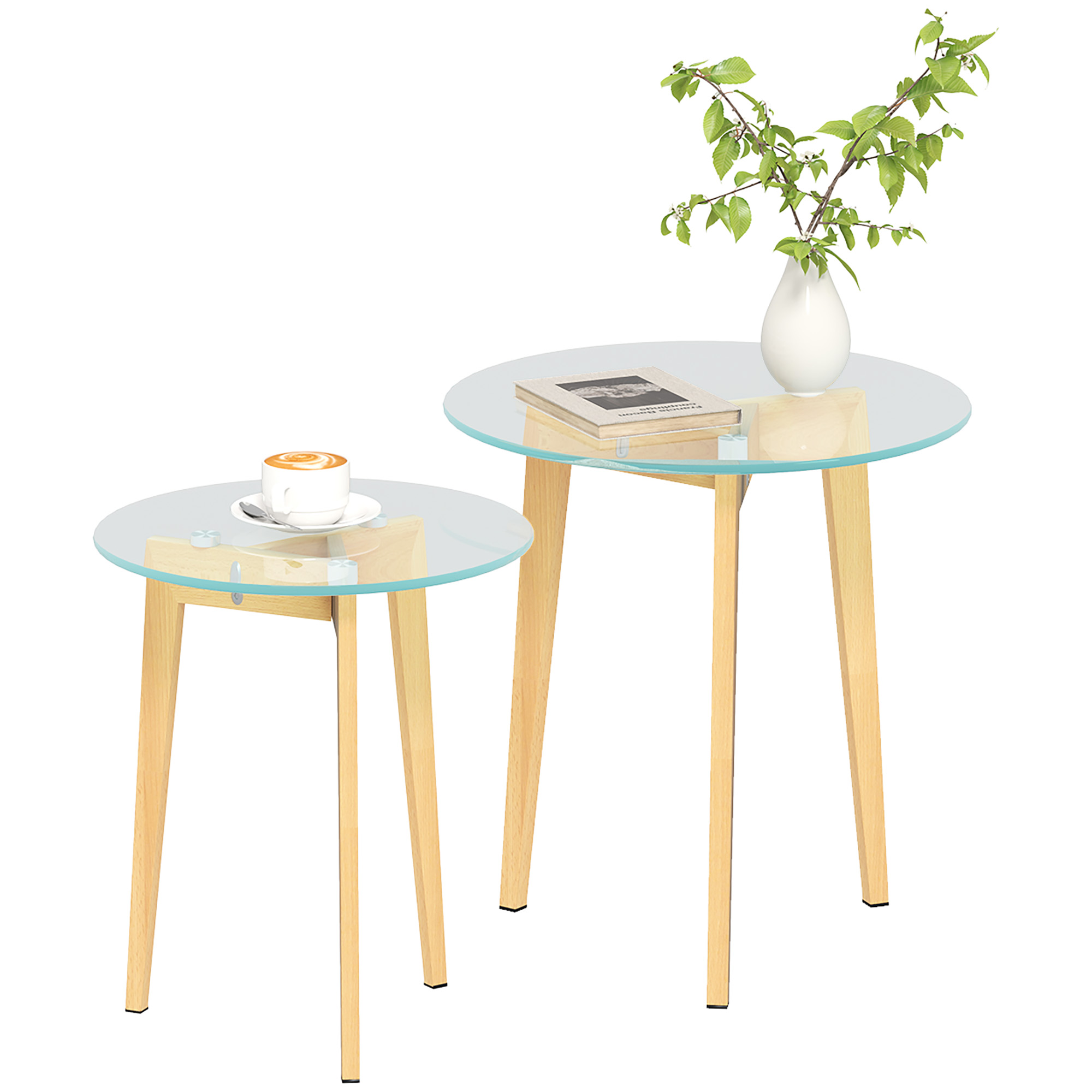 HOMCOM Set de 2 Mesas Auxiliares Modernas de Ø50x45 cm y Ø40x40 cm con Encimera de Vidrio Templado y Estructura de Acero