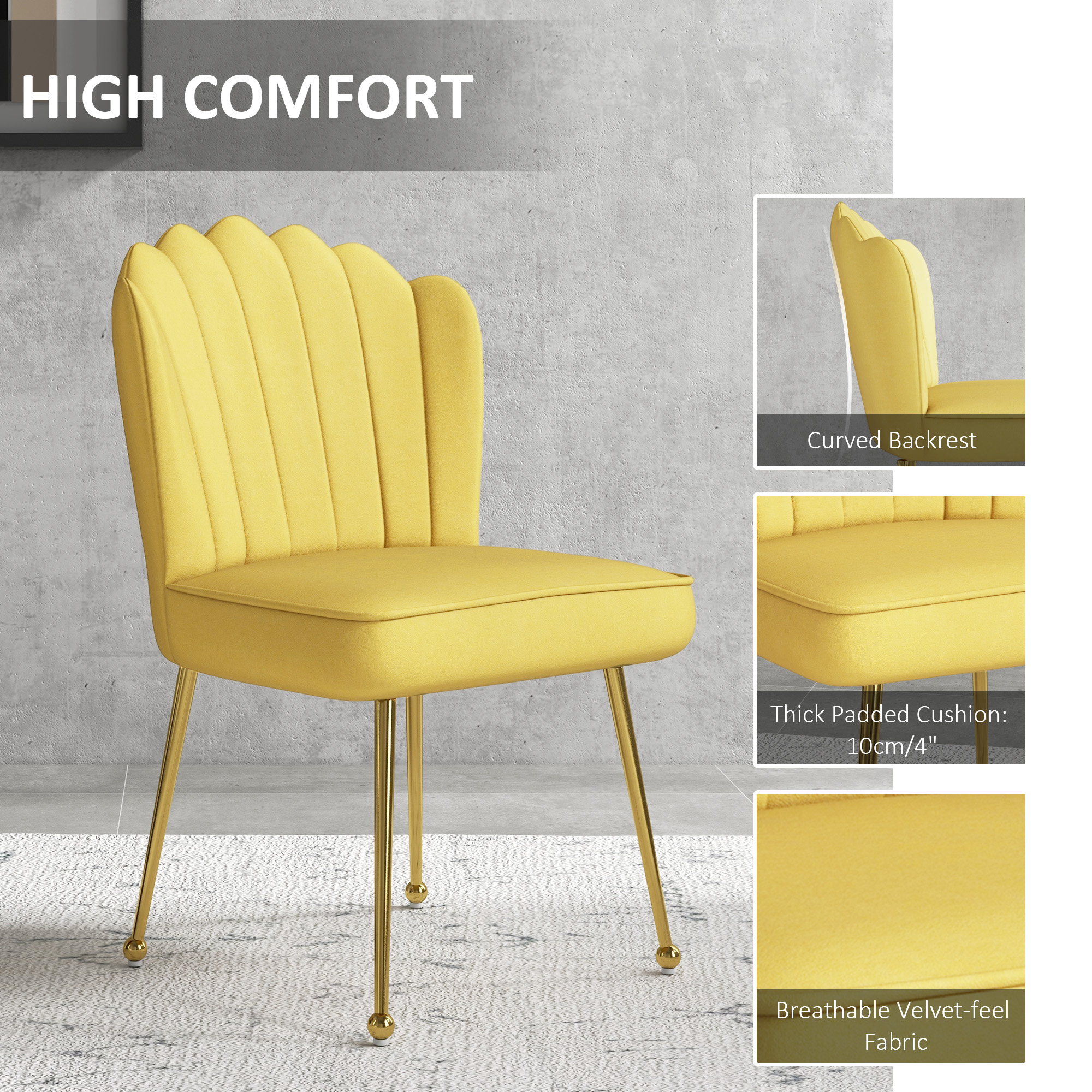 Set of 2 Velvet-Feel Shell Accent Chair Yellow 4