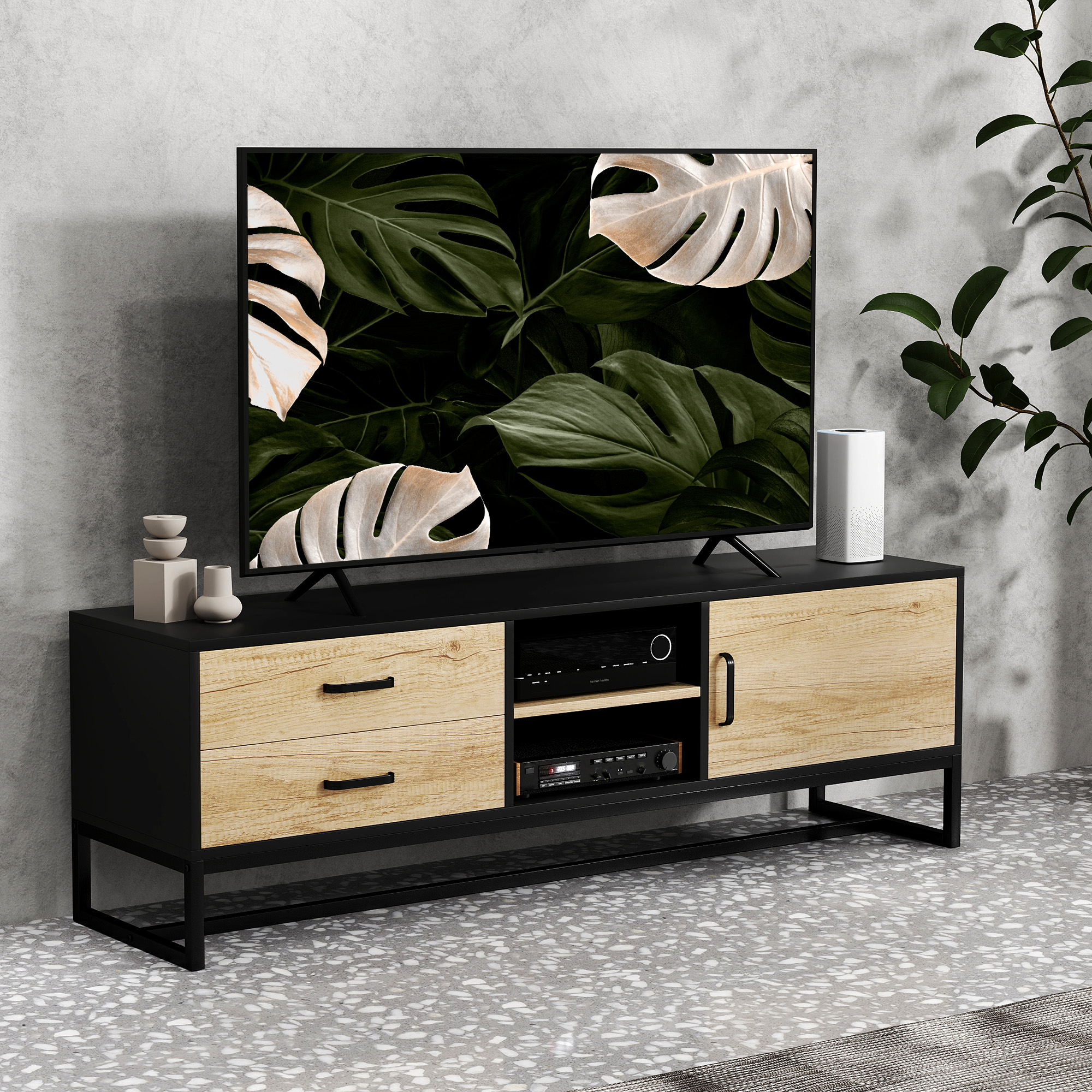  Mobilier pentru TV de 60" cu Dulapior, 2 Sertare si Rafturi Deschise Reglabile, 140x35x45 cm, Lemn Natural [1]