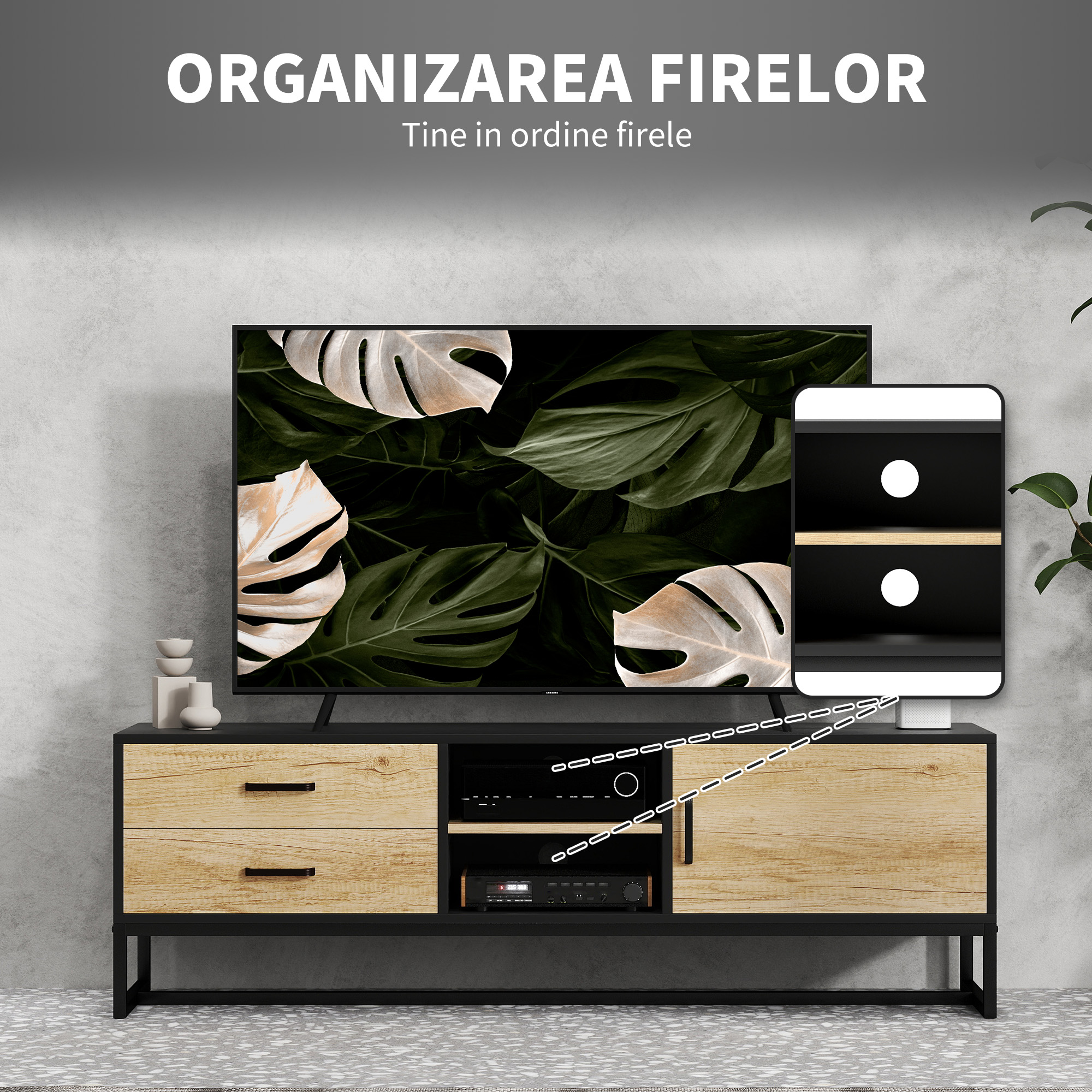  Mobilier pentru TV de 60" cu Dulapior, 2 Sertare si Rafturi Deschise Reglabile, 140x35x45 cm, Lemn Natural [5]