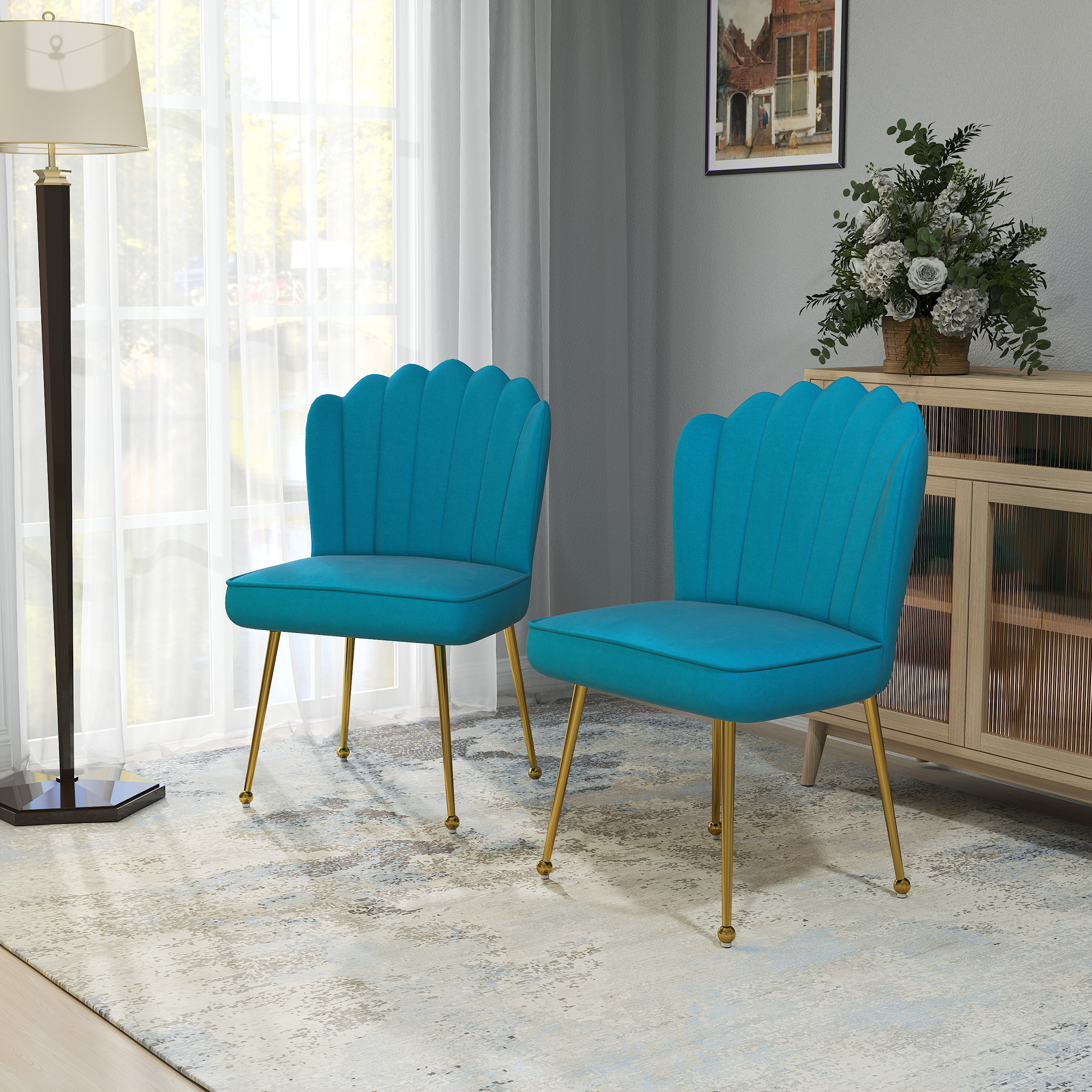 Set of 2 Velvet-Feel Shell Accent Chair Blue 2