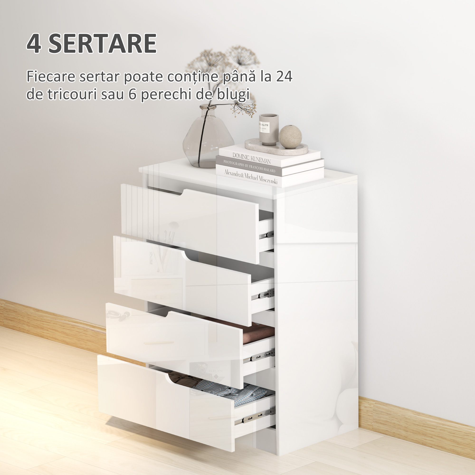 Comoda cu 4 Sertare Moderna si Minimalista, Comoda din Pal Melaminat, 60x40x85 cm, Alb Lucios [3]