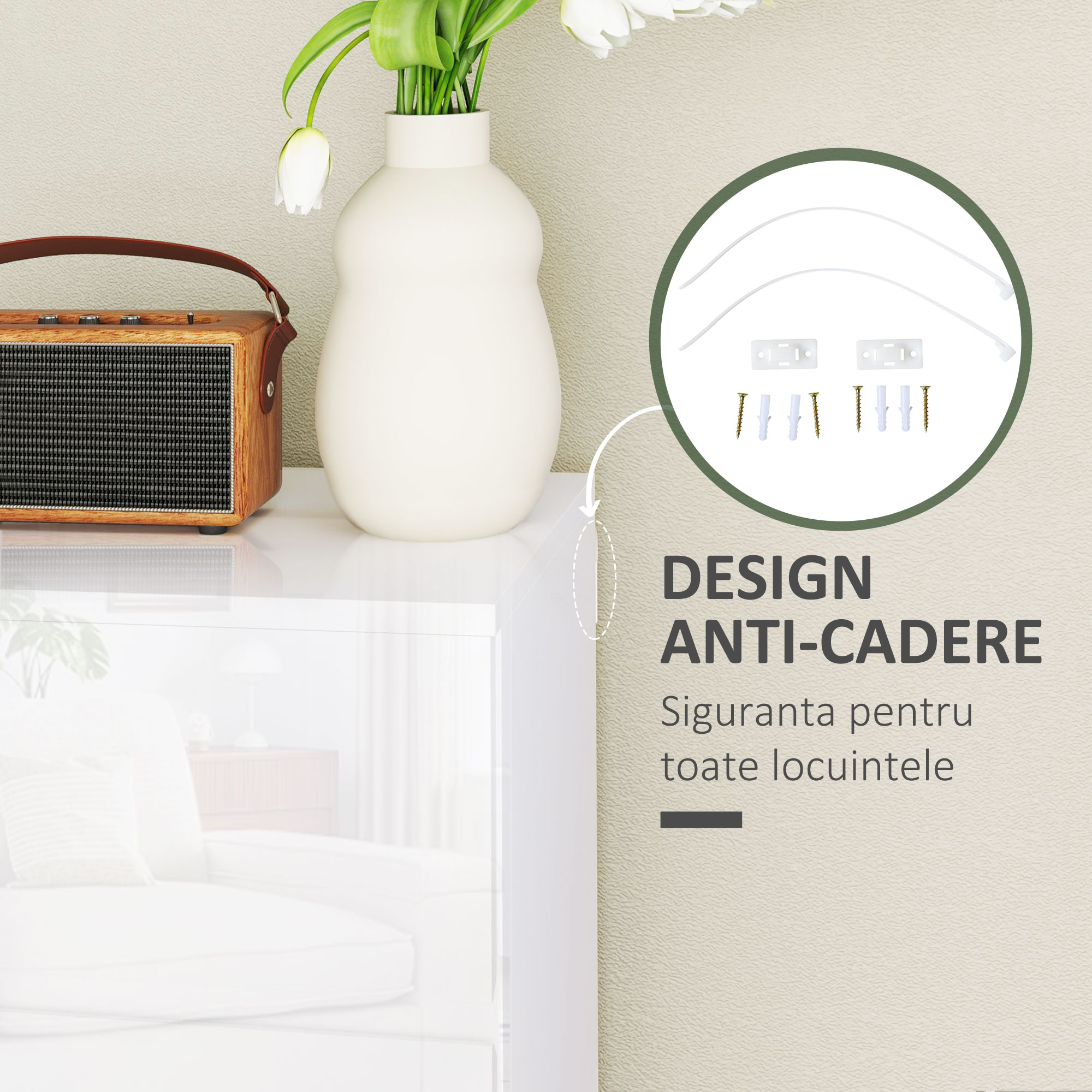  Comoda Moderna cu 4 Sertare Anti-Rasturnare, Comoda din Pal Melaminat, 55x33x80 cm, Alb Lucios [4]