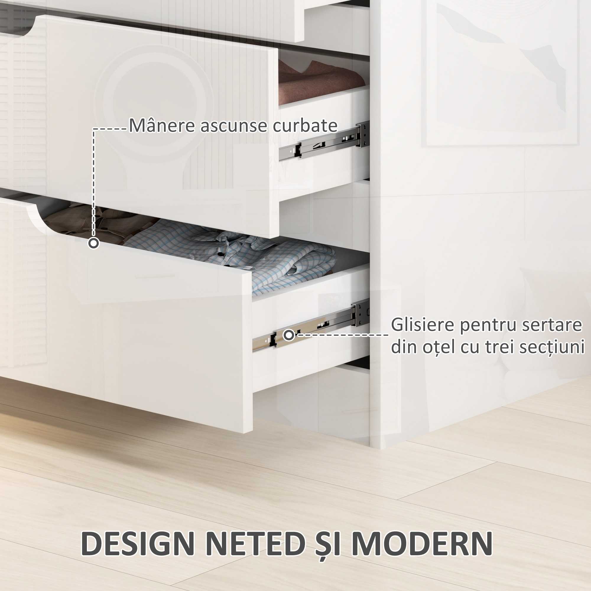  Comoda cu 4 Sertare Moderna si Minimalista, Comoda din Pal Melaminat, 60x40x85 cm, Alb Lucios [4]