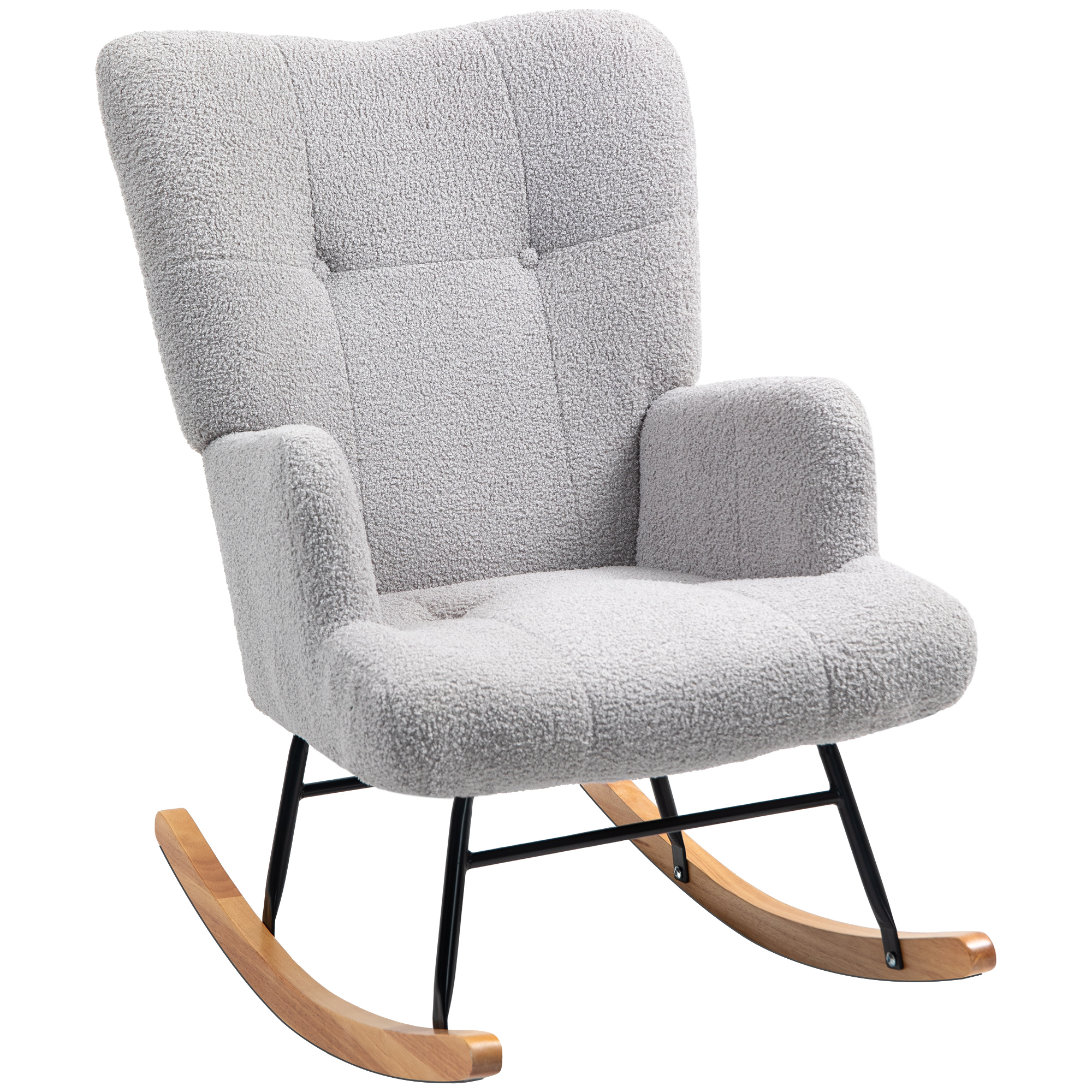 HOMCOM Silla Mecedora de Borreguito con Respaldo Capitoné y Base de Madera de Caucho para Salón o Dormitorio 65x88x87 cm Gris