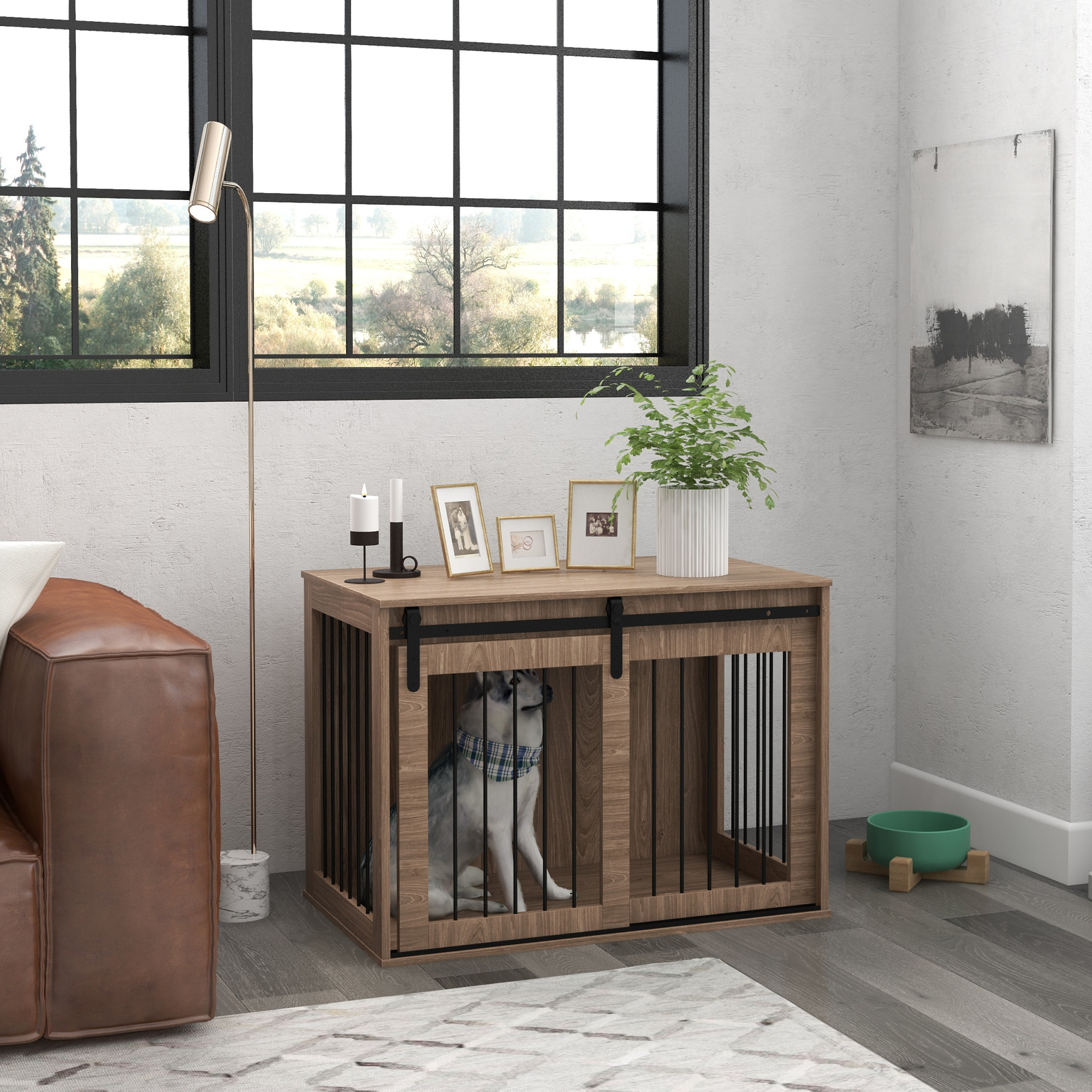 PawHut hondenbench, afsluitbaar, stevig en veilig, rustiek ontwerp, 98 x 58 x 67 cm, eenvoudig te reinigen, walnoot + zwart | Aosom.nl