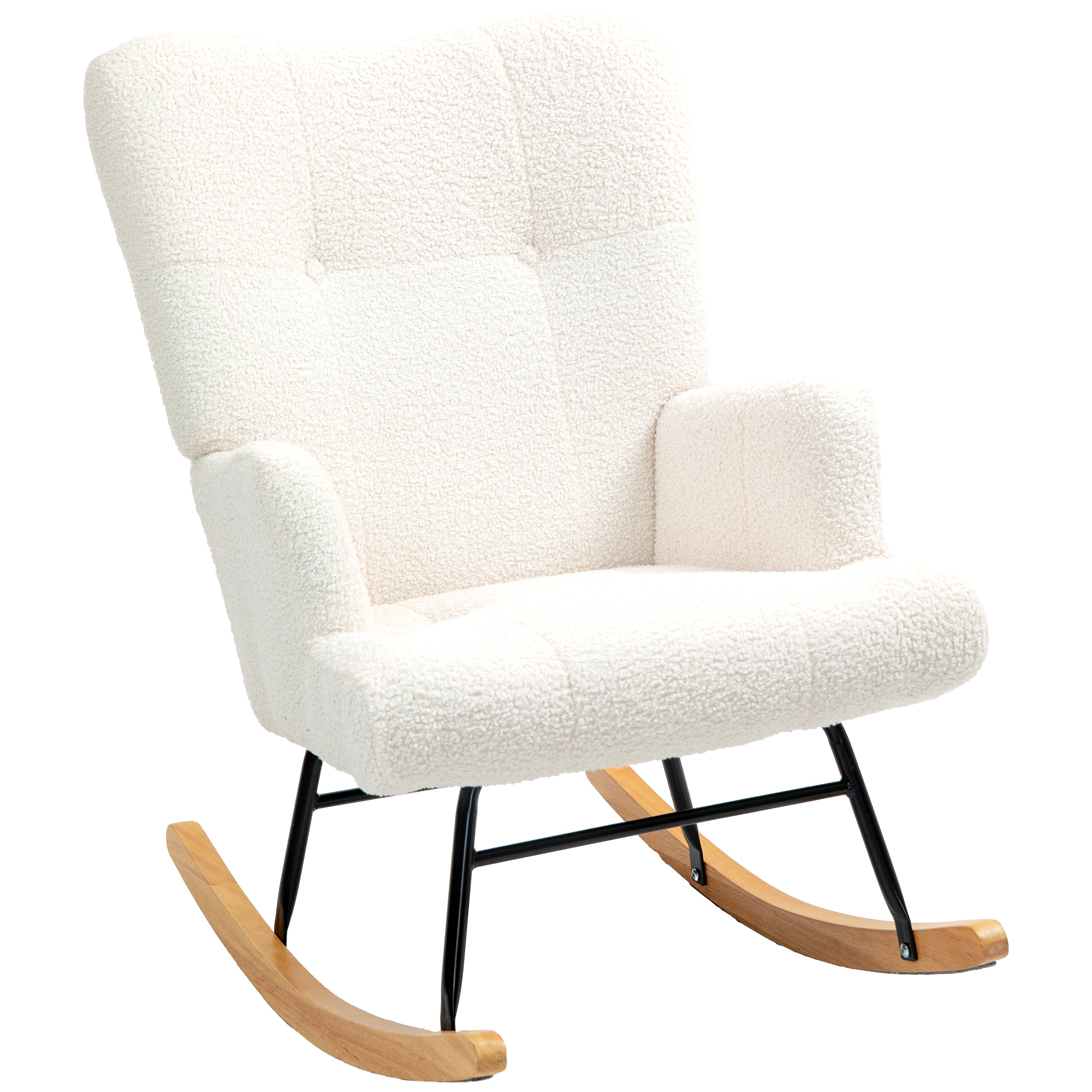 HOMCOM Silla Mecedora de Borreguito con Respaldo Capitoné y Base de Madera de Caucho para Salón o Dormitorio 65x88x87 cm Crema
