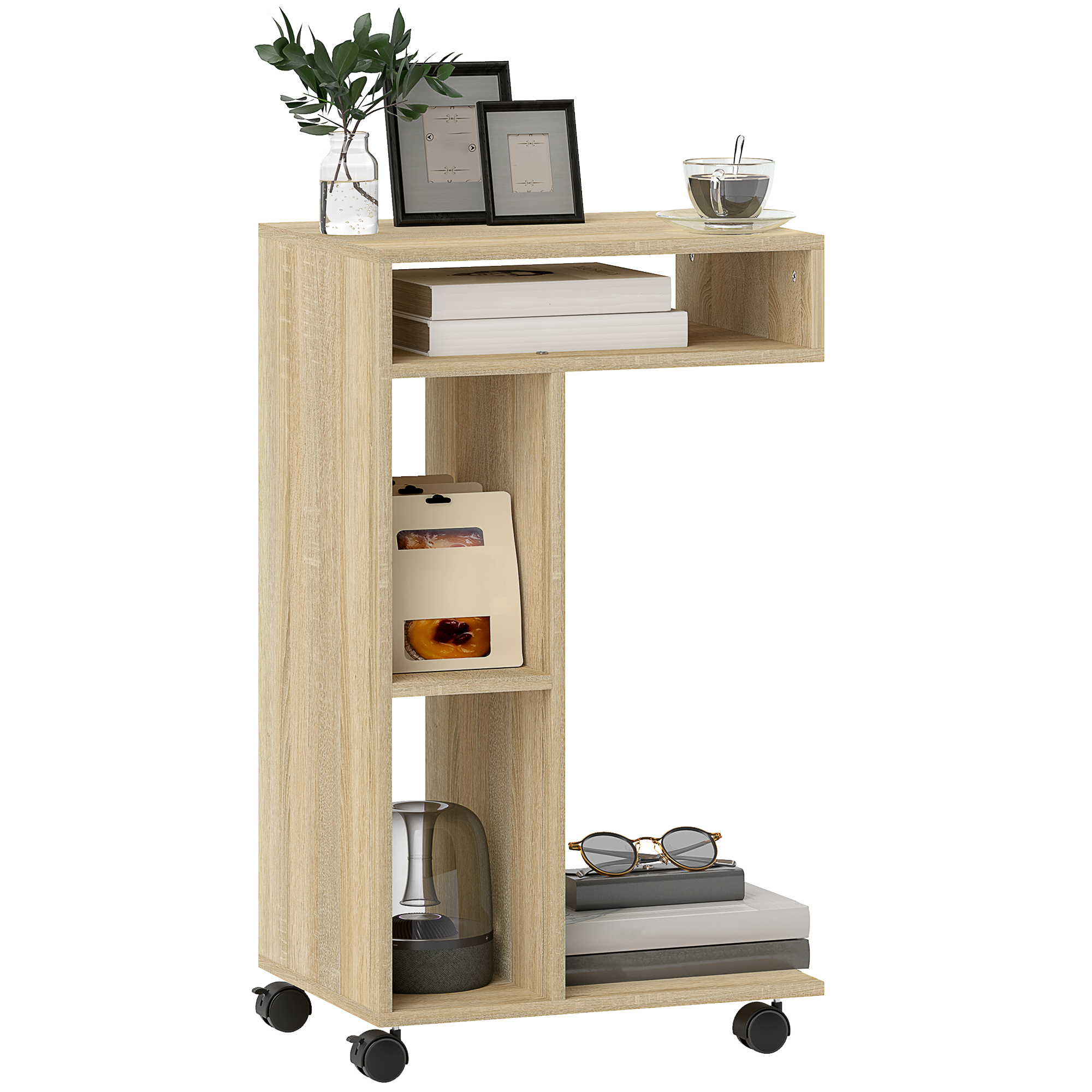 HOMCOM Mesa Auxiliar para Sofá Mesa Auxiliar en Forma de C con Ruedas Compartimentos Abiertos 40x30x69 cm Roble