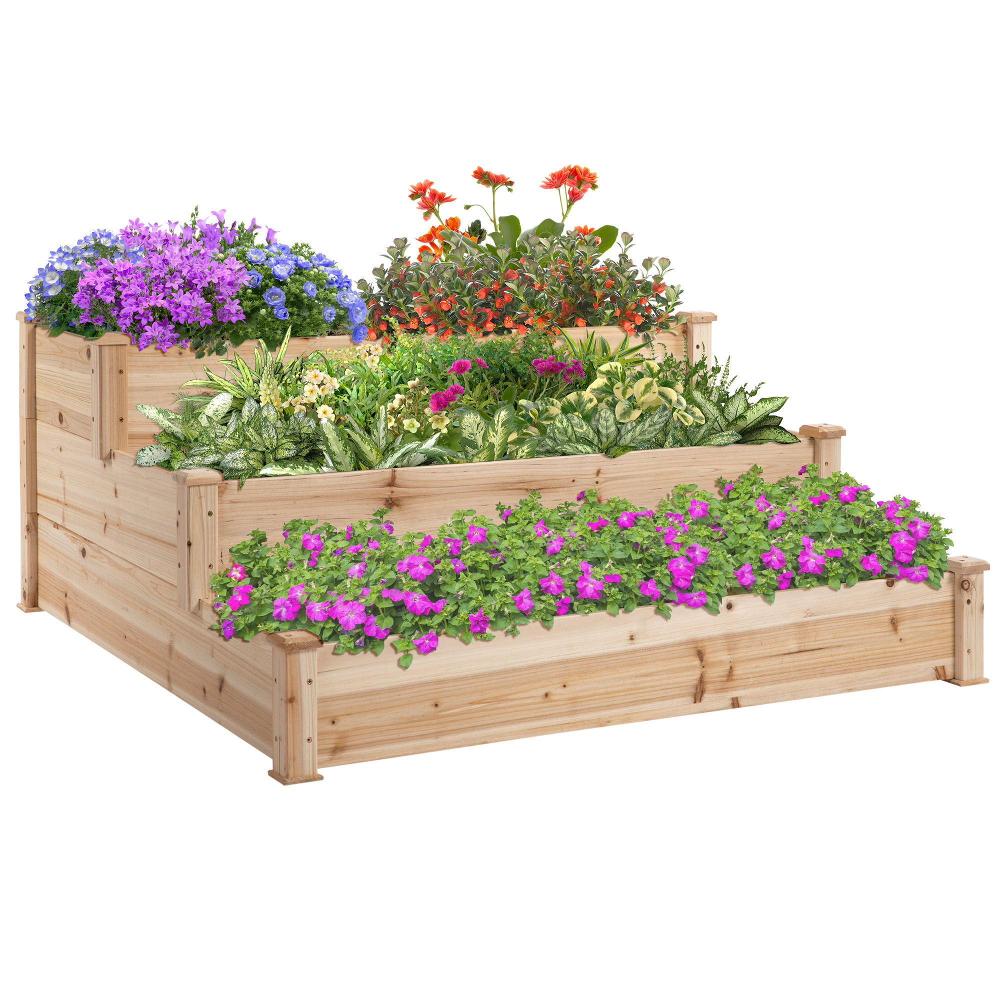 Cama de Huerto Elevada de 3 Niveles Outsunny en Madera Natural, Maceta de Madera para Plantas de Jardín al Aire Libre, 124 x 124 x 56 cm